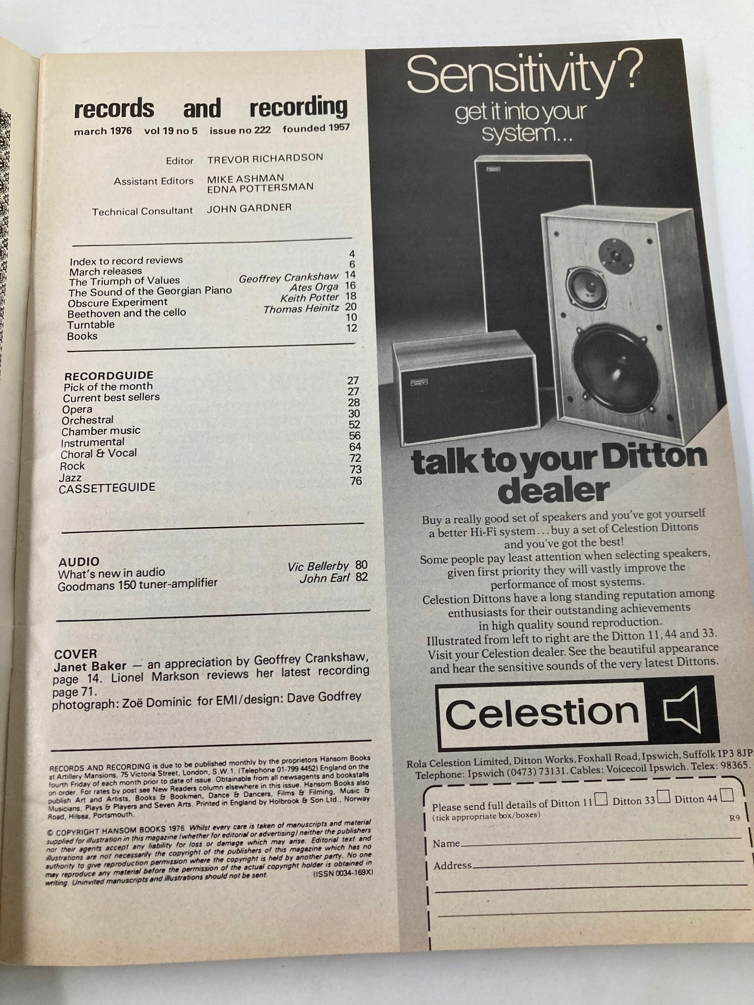Table of contents from the March 1976 issue of Records & Recording Magazine, showcasing articles and reviews related to music and recording, including features on various artists and technical insights.