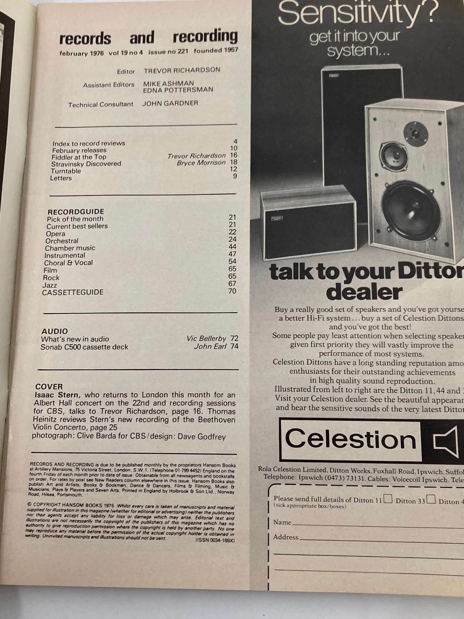Table of contents from VTG Records & Recording Magazine February 1976 Vol 19 #4, detailing articles and features related to audio, music, and recording technology.