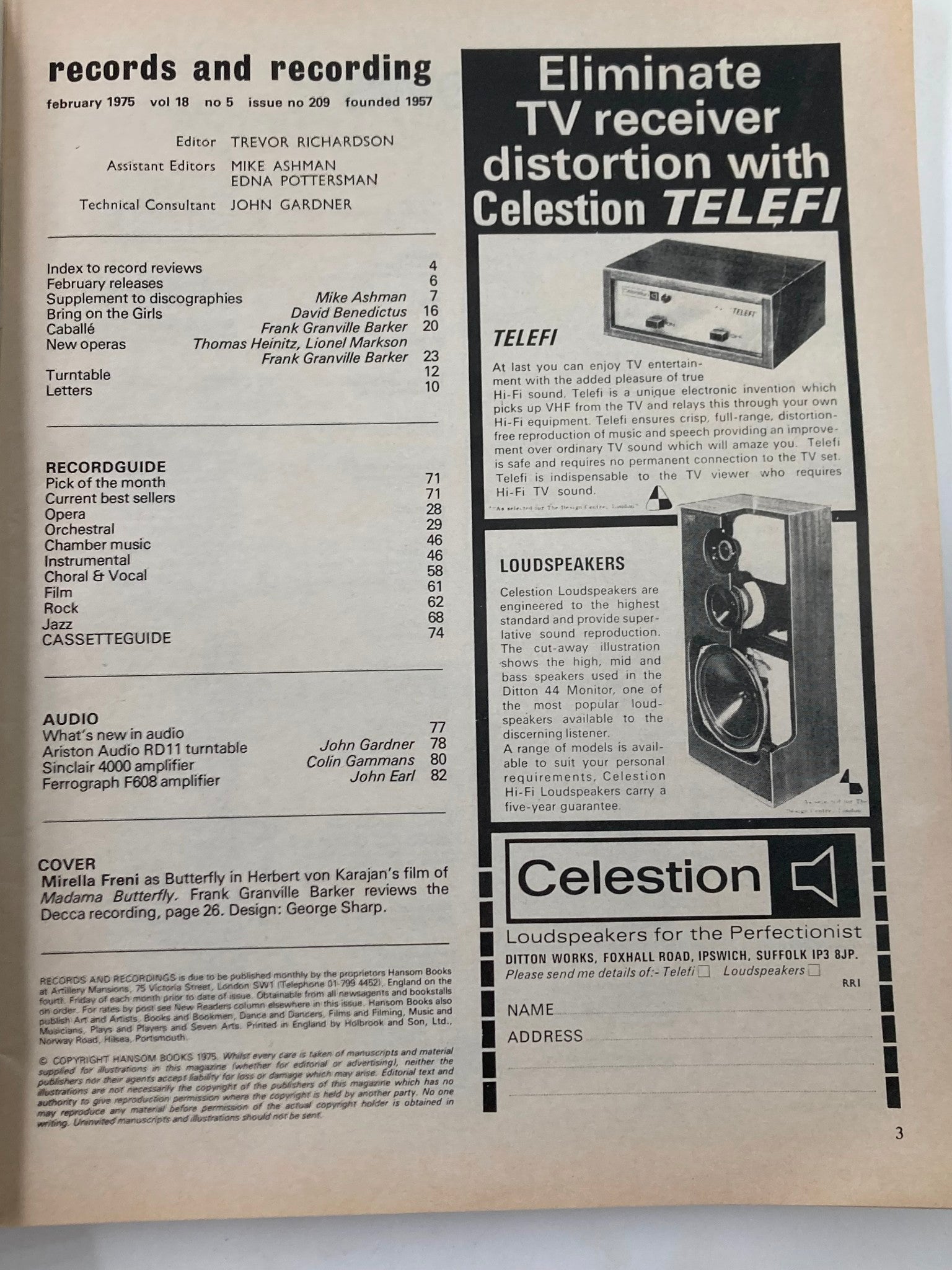 VTG Records & Recording Magazine February 1975 Vol 18 #5 featuring Mirella Freni, showcasing the contents and advertisements, including details on audio equipment like the Celestion TELEFI and various music genres.