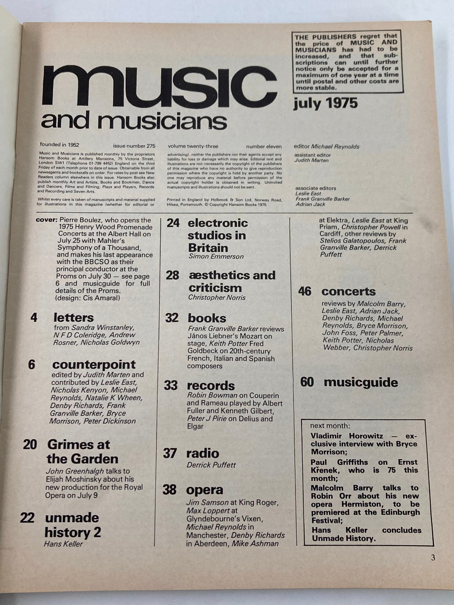 Interior page of VTG Music & Musicians Magazine, July 1975, Vol 23 #11, displaying the table of contents and publication details.