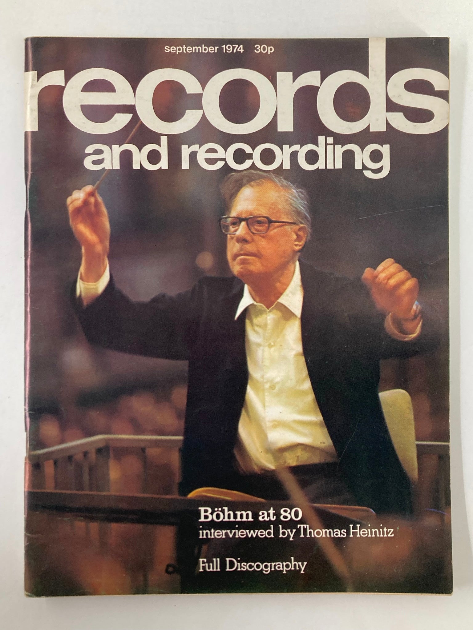 Cover of VTG Records & Recordings Magazine from September 1974 featuring Karl Böhm at 80, interviewed by Thomas Heinitz, showcasing the magazine's title and highlights.