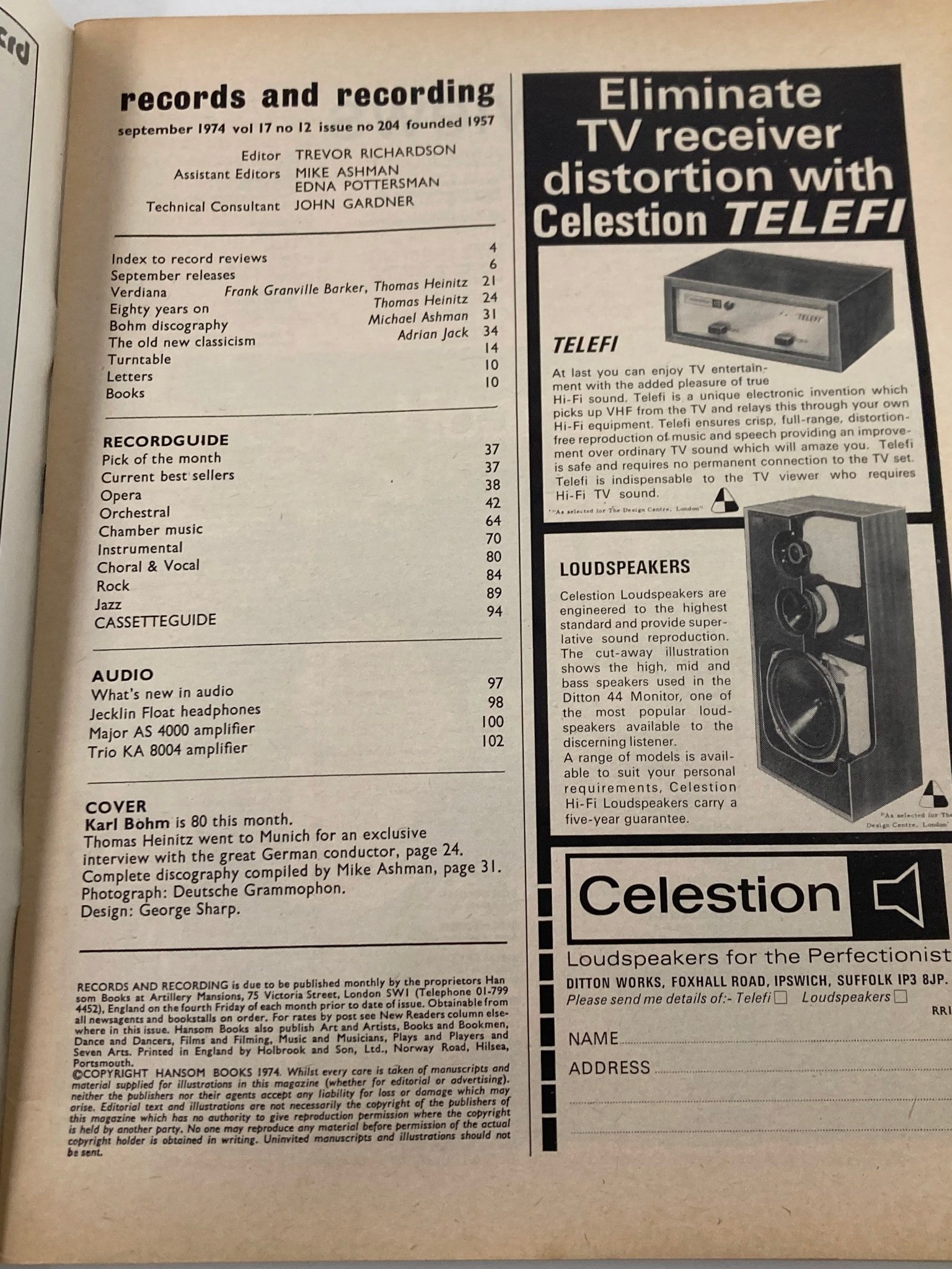 Interior page of VTG Records & Recordings Magazine, September 1974, displaying a content index and details about Karl Böhm's feature, along with advertisements.