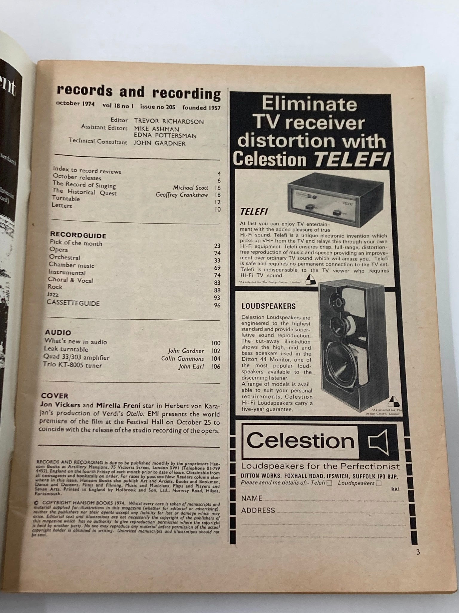 Inside page of VTG Records & Recordings Magazine October 1974 featuring the index and editorial details, depicting the layout and design of the vintage publication.