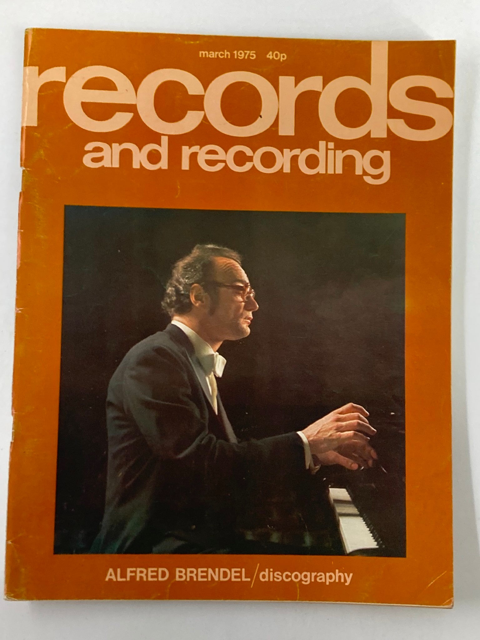 Cover of VTG Records & Recordings Magazine March 1975 Vol 18 #6 featuring a portrait of Alfred Brendel playing the piano, showcasing the title prominently in retro design.
