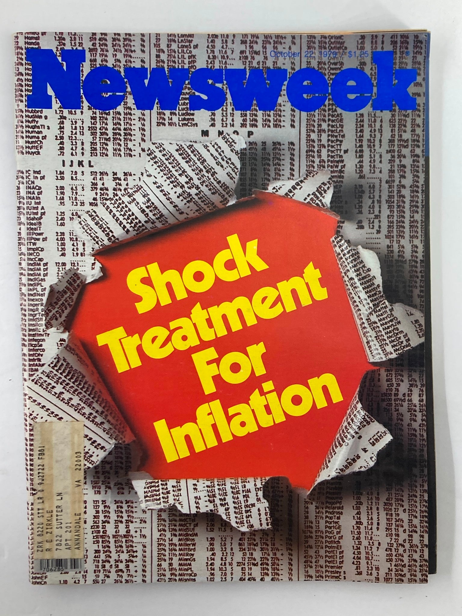 VTG Newsweek Magazine October 22 1979, featuring the cover story 'Shock Treatment For Inflation', showcasing a vibrant red and yellow design with newspaper-style background, reflecting a crucial economic moment.