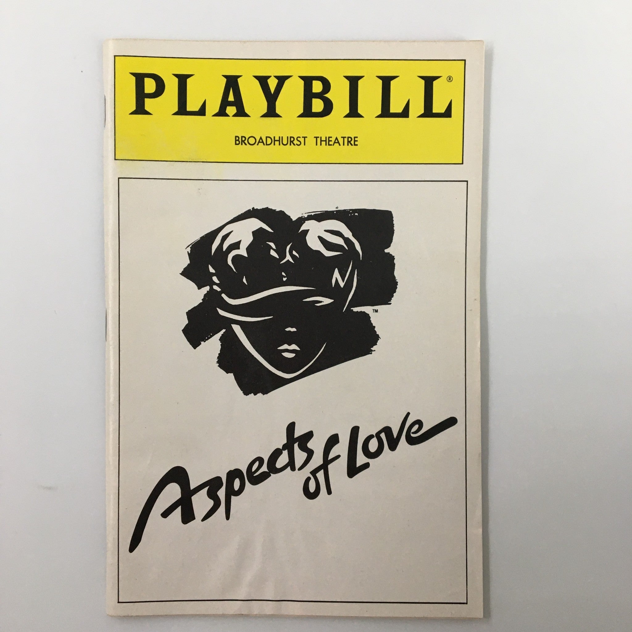 1990 Playbill for Aspects of Love at Broadhurst Theatre, featuring iconic cover art.