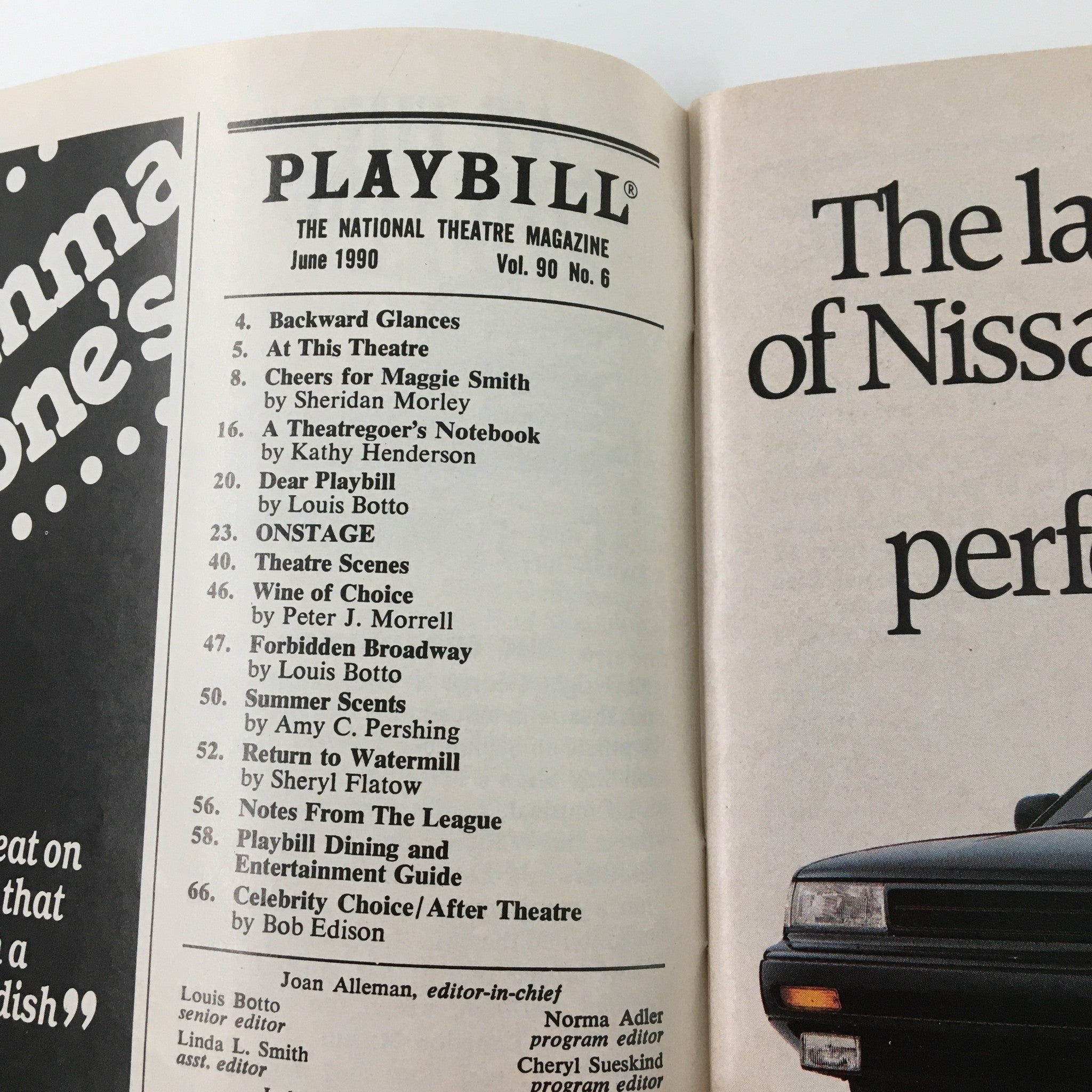 Inside page of the 1990 Playbill for Aspects of Love, showcasing various articles and features from the June 1990 edition.