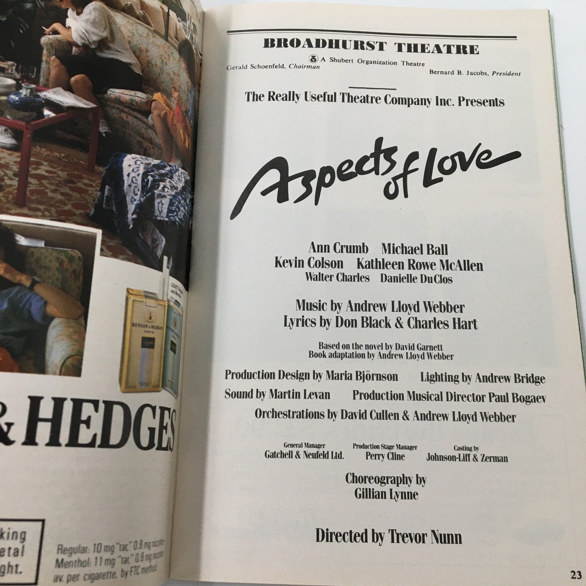 Detailed page from the 1990 Playbill for Aspects of Love, displaying cast and crew information, including music by Andrew Lloyd Webber and directed by Trevor Nunn.