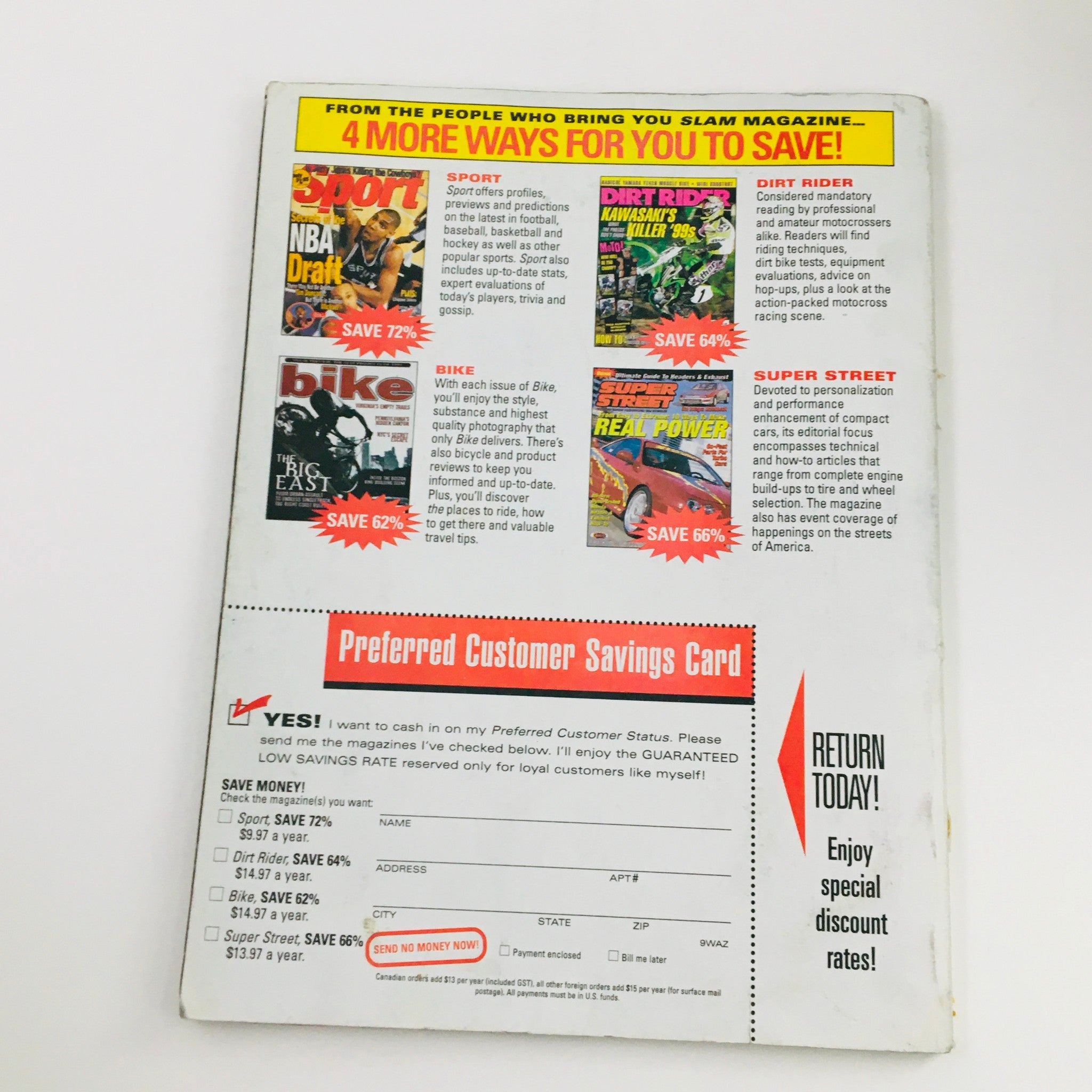 Back cover of Slam Magazine April 2000 showcasing promotional offers including savings on various magazines and subscriptions.