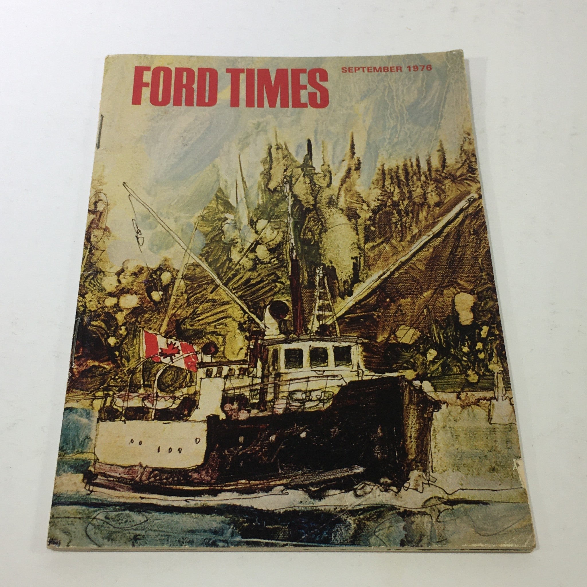 VTG Ford Times Magazine: September 1976 Vol. 69 No. 9 featuring a colorful cover illustration of a boat, showcasing the vintage aesthetic and celebrating the iconic Econoline model.