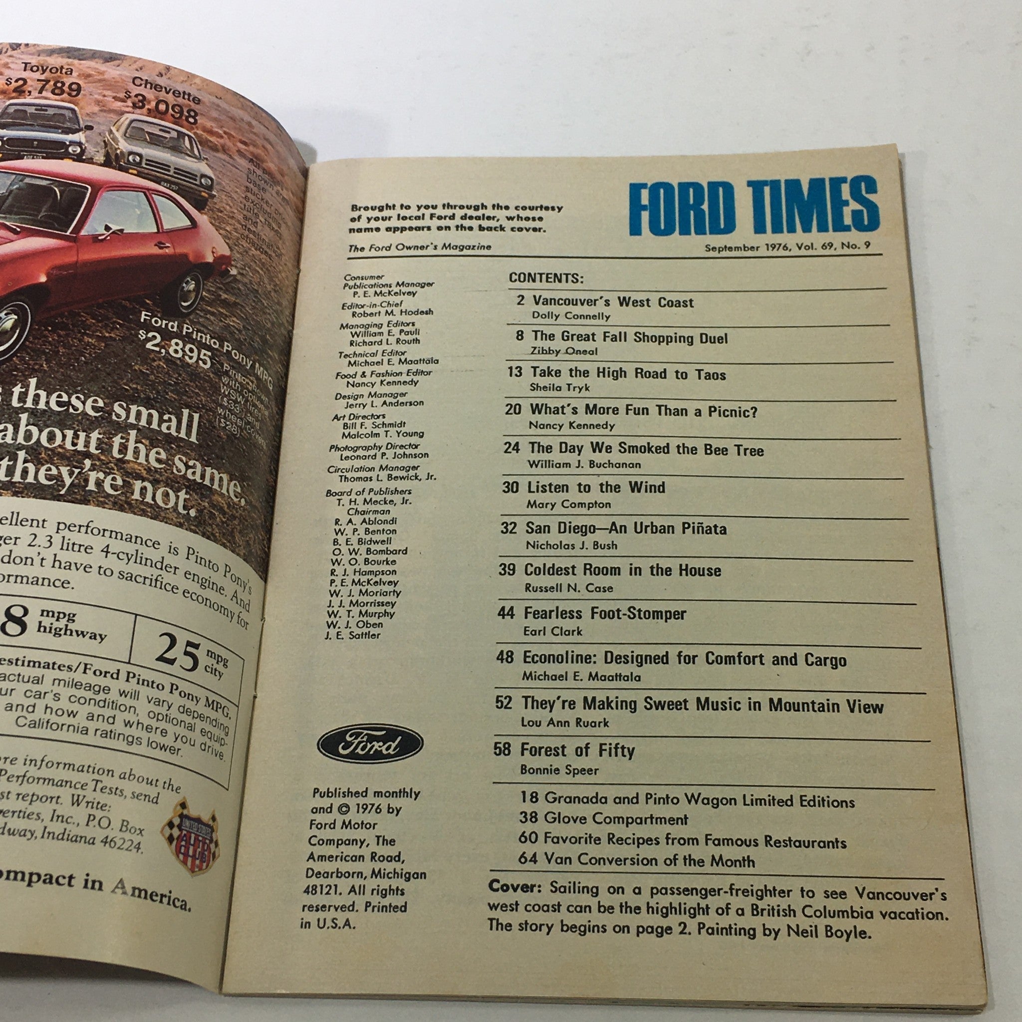 Inside page of VTG Ford Times Magazine September 1976 showcasing contents and articles, including highlights of the Econoline model.