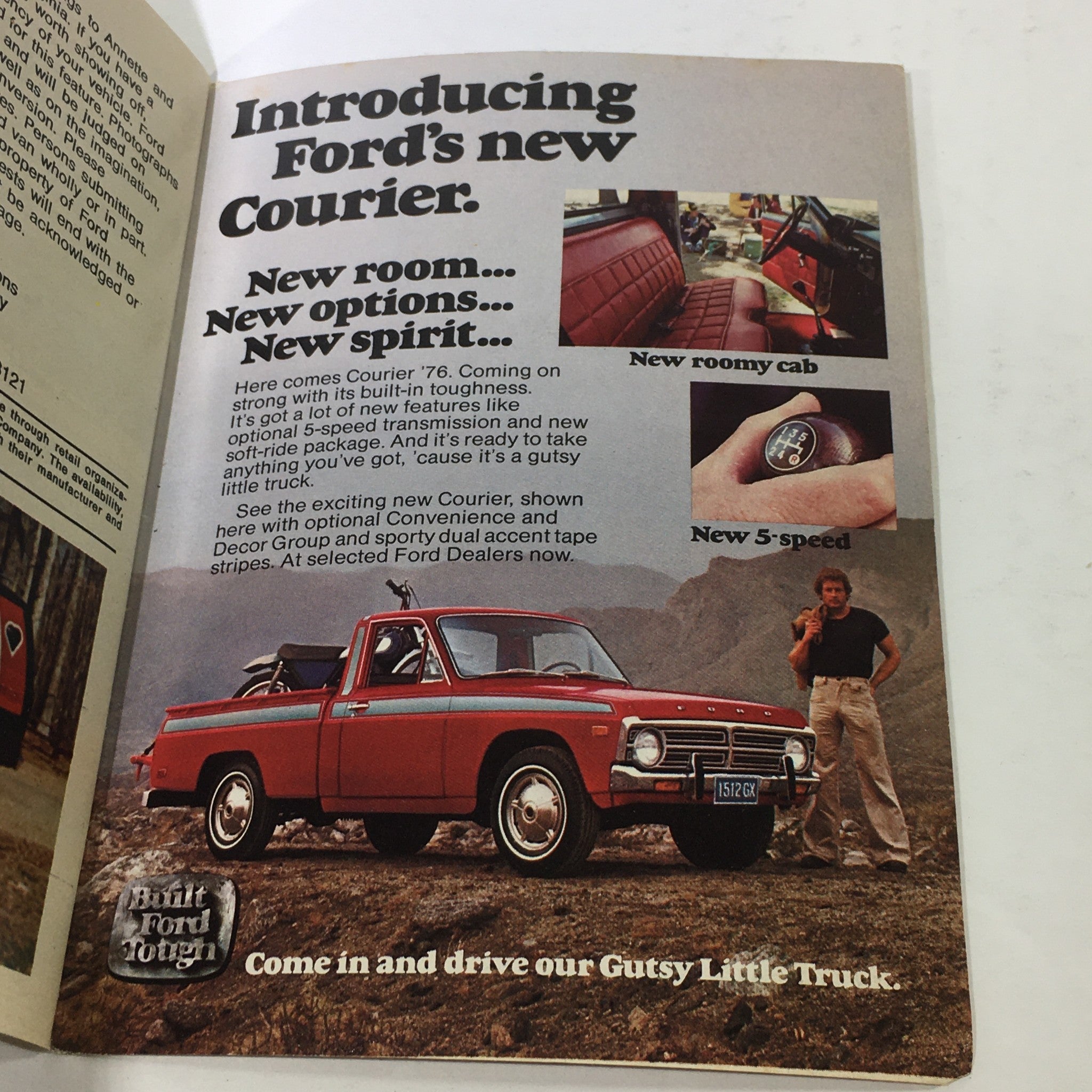 Introducing Ford's new Courier pickup truck. This advertisement from the VTG Ford Times Magazine: September 1976 Vol. 69 No. 9 highlights features such as its new roomy cab, a 5-speed transmission, and tough design, showcasing its appeal to automotive enthusiasts.