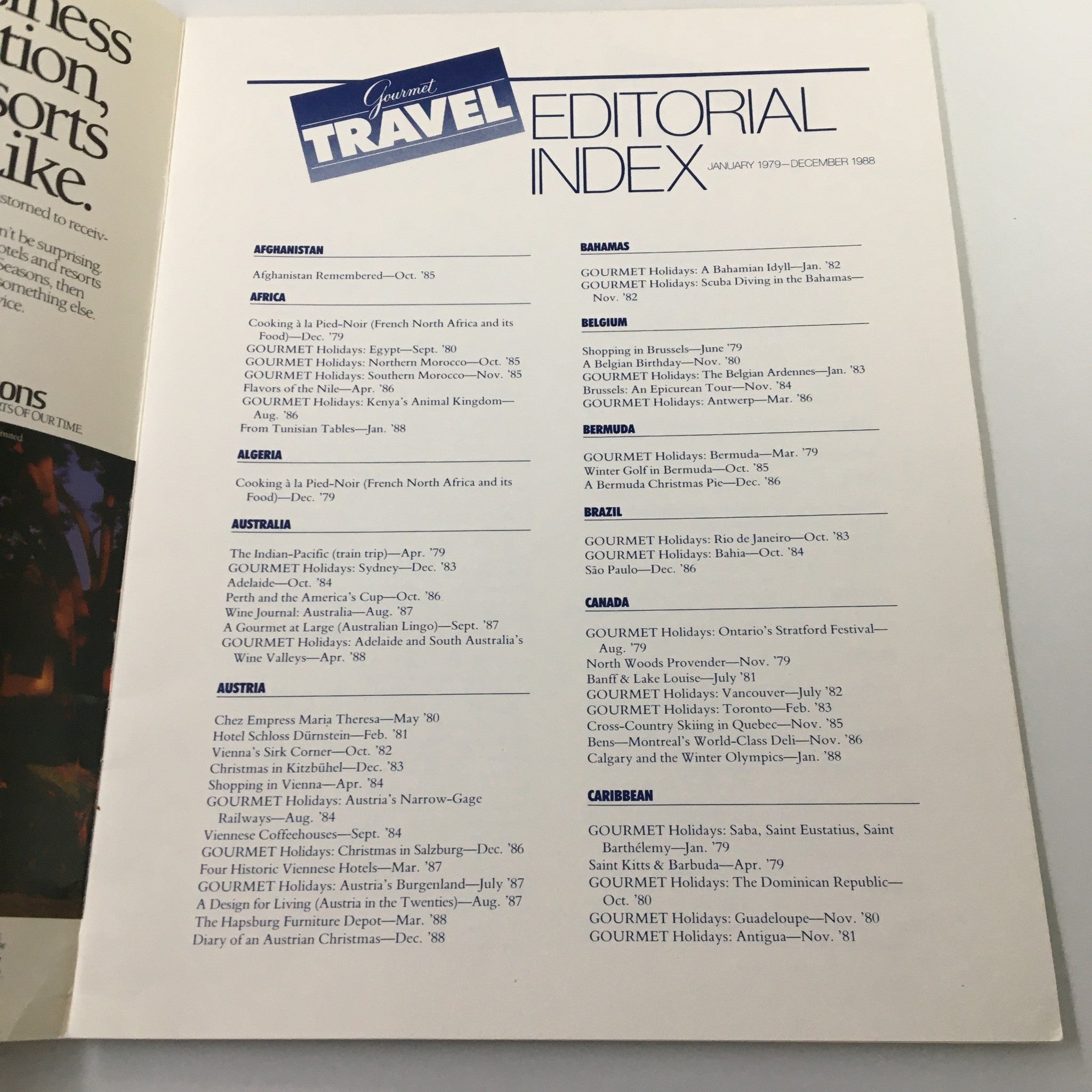 Editorial index from Gourmet Travel Magazine, detailing articles and features from 1979 to 1988, highlighting travel destinations and gourmet experiences.