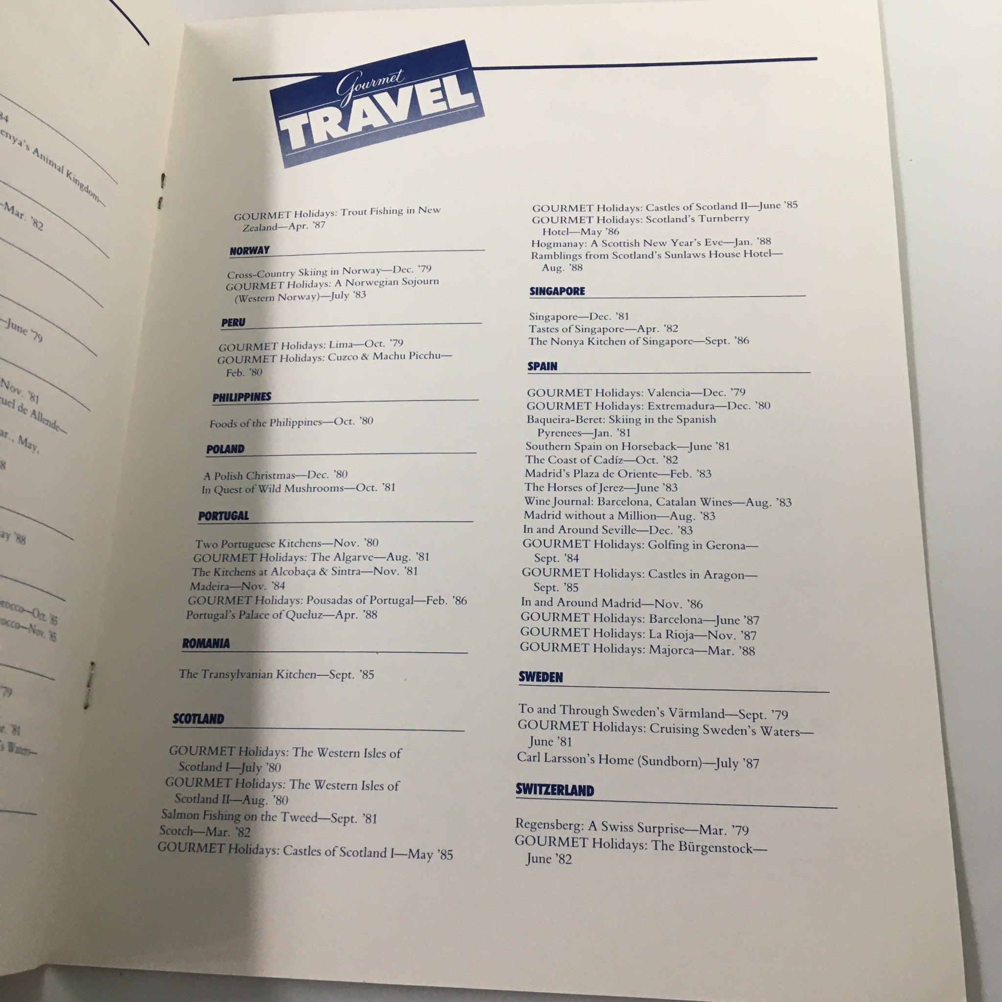 Continuation of the editorial index from Gourmet Travel Magazine, showcasing various international travel articles and gourmet holiday options from 1979 to 1988.