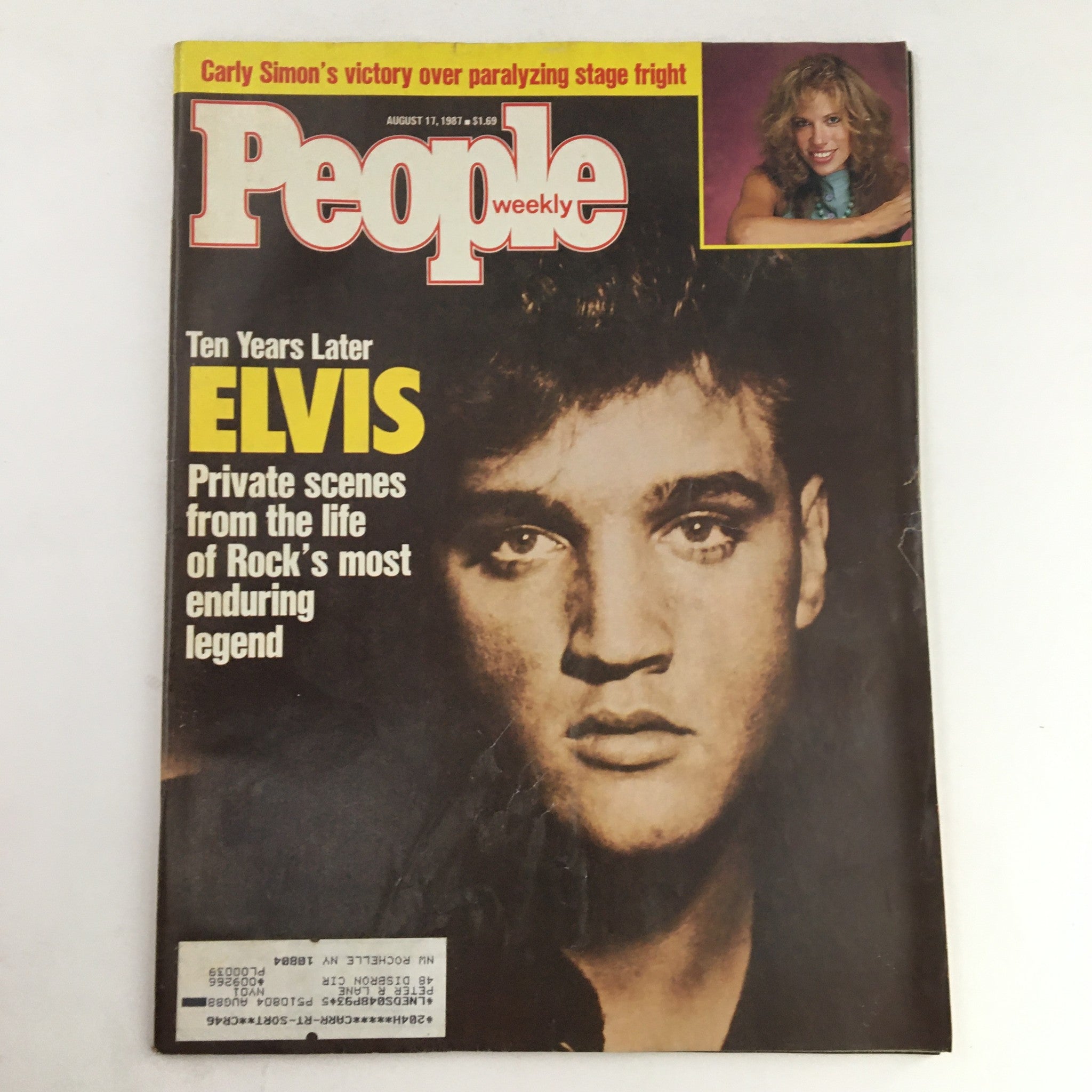 People Weekly Magazine cover from August 17, 1987, featuring Elvis Presley and Carly Simon. The cover includes a bold heading 'Ten Years Later ELVIS,' highlighting private scenes from the life of Rock's most enduring legend.