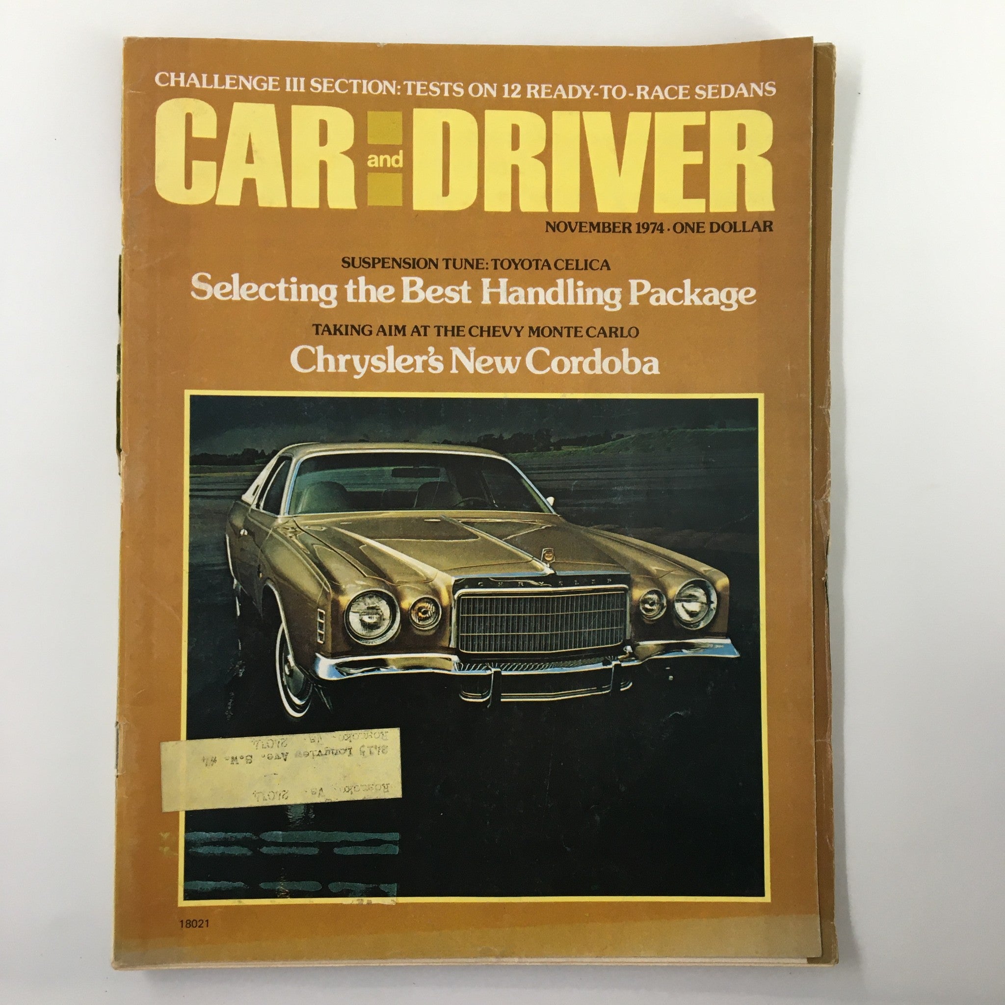 Cover of VTG Car and Driver Magazine, November 1974, featuring the headline 'Selecting the Best Handling Package' with a classic gold car in focus.