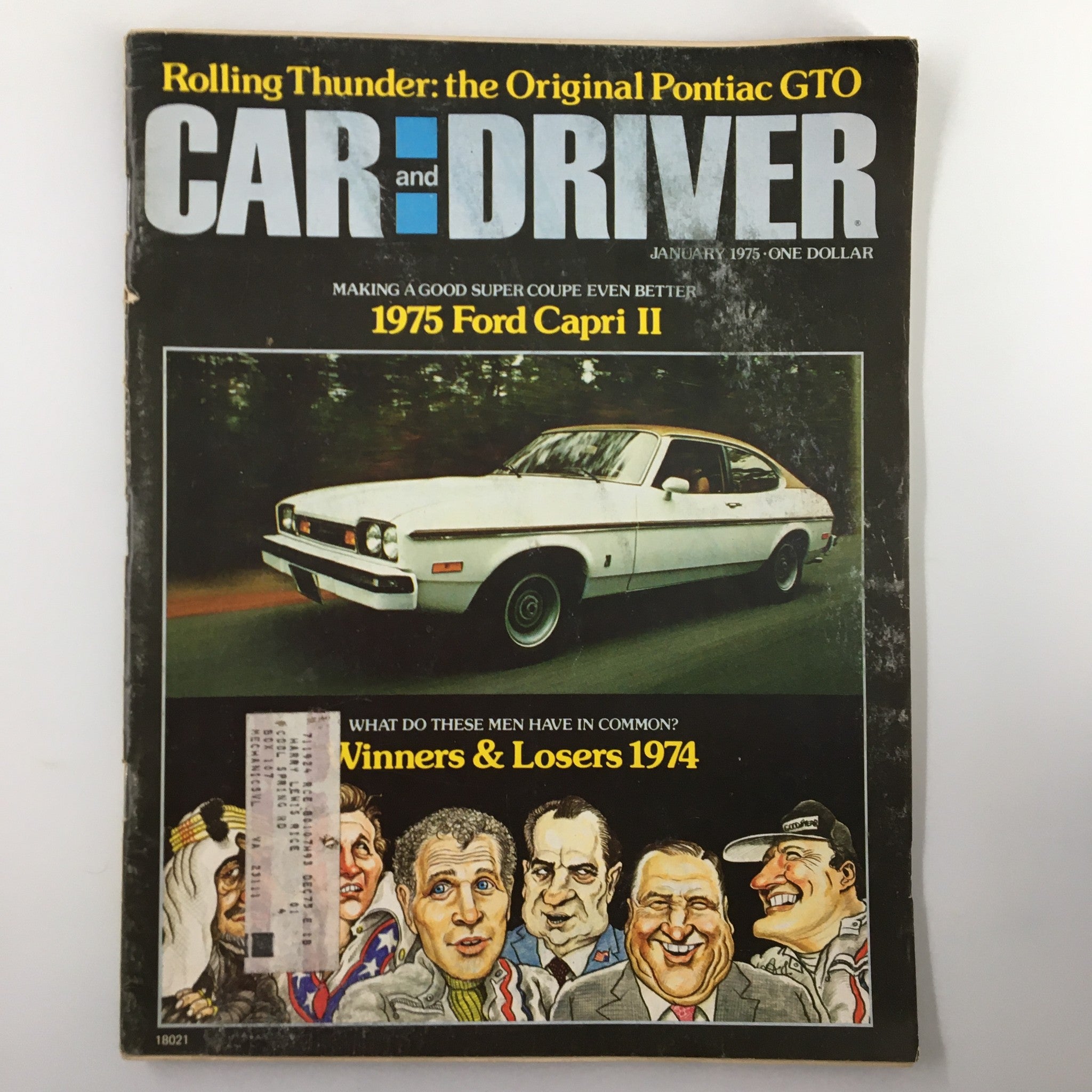 Front cover of VTG Car and Driver Magazine January 1975 featuring a Ford Capri II, with highlights about automotive trends and a discussion on 1974's Winners & Losers.