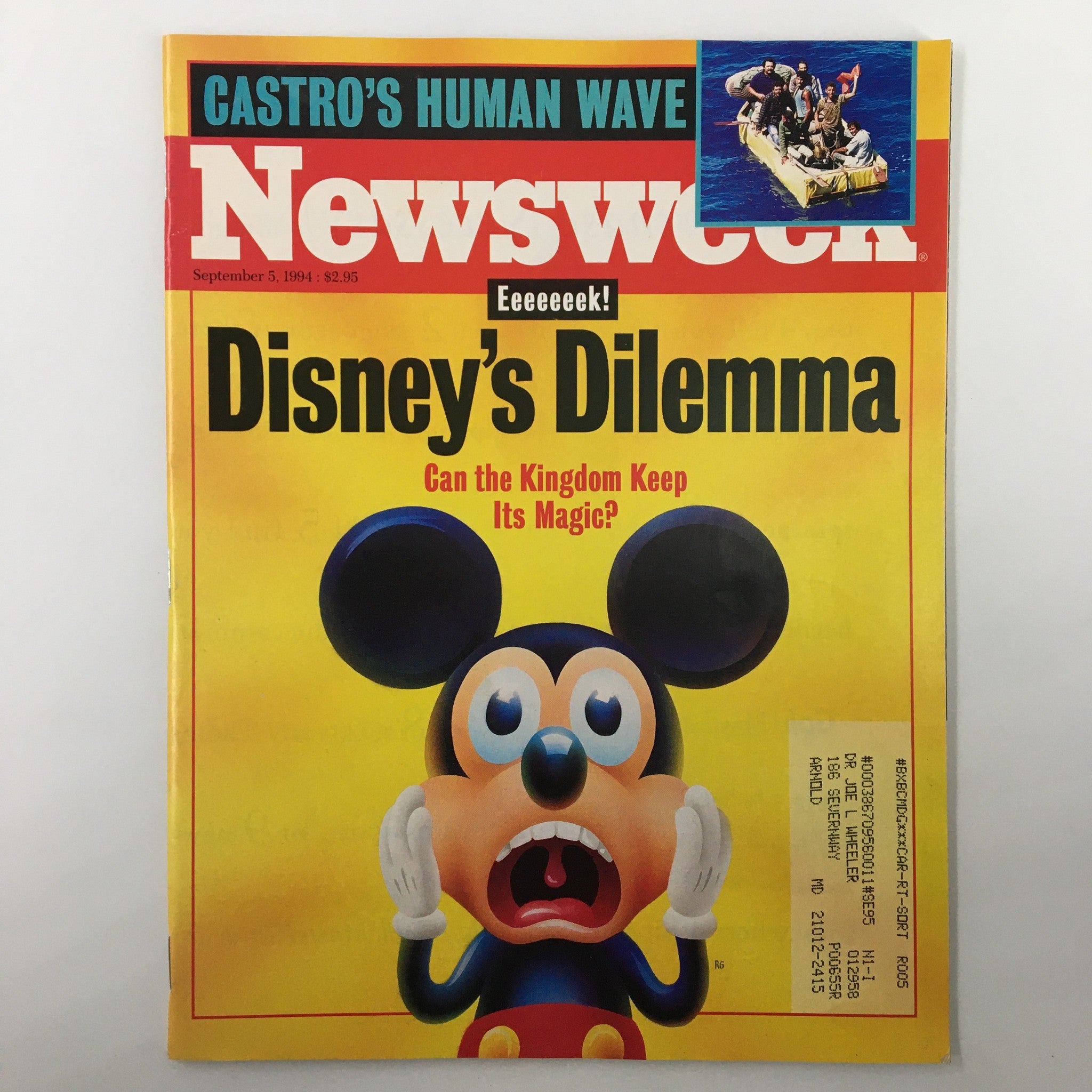 Cover of Newsweek Magazine from September 5, 1994 featuring the title 'Disney's Dilemma' with Mickey Mouse expressing surprise, along with the headline 'Castro's Human Wave'.