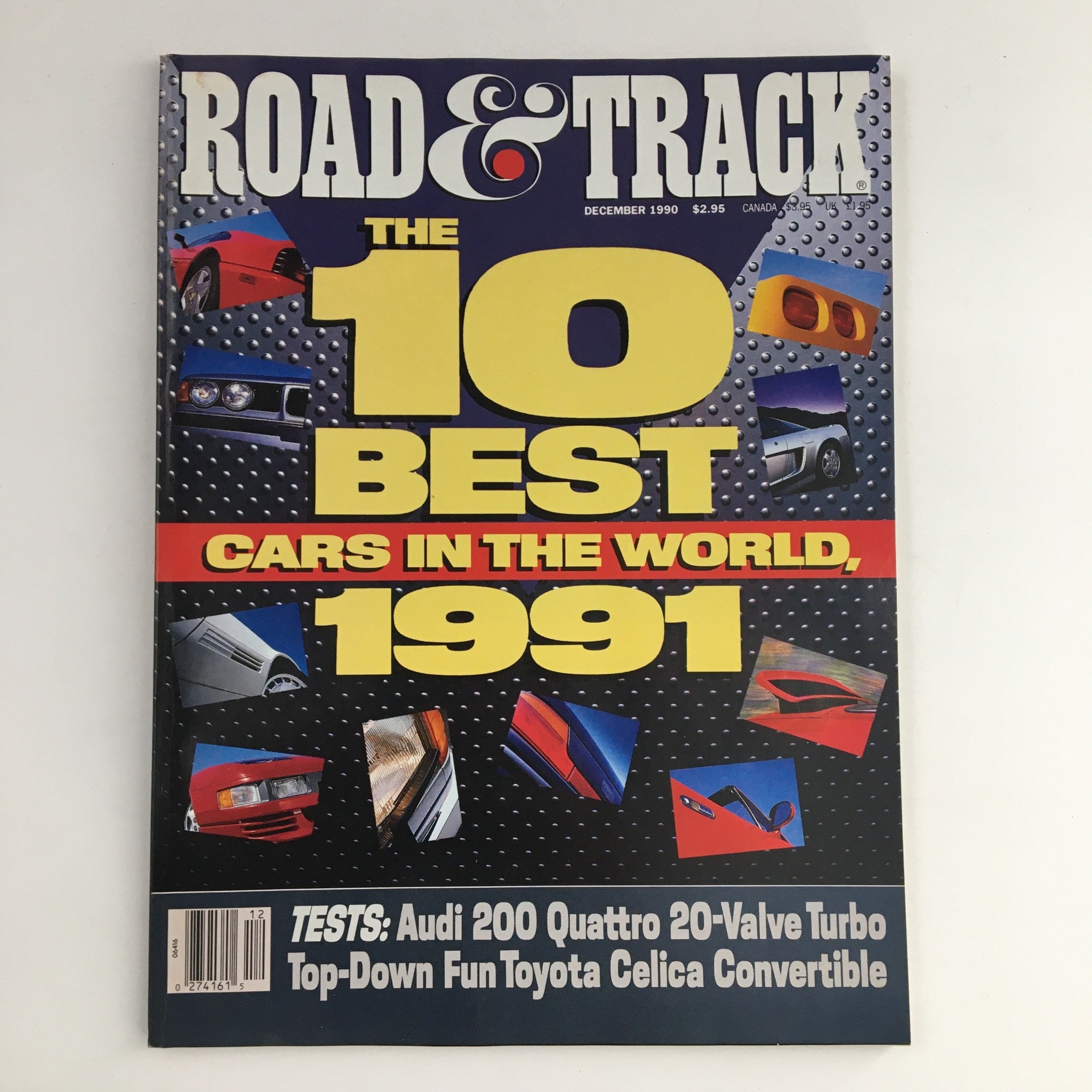 Road & Track Magazine December 1990 cover featuring 'The 10 Best Cars in the World, 1991' with images of cars and automotive features.