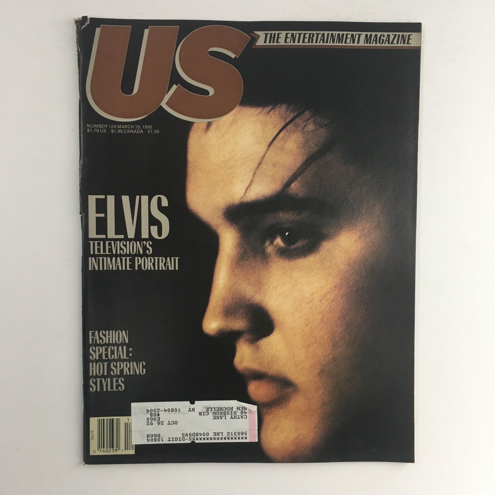 Cover of US Magazine #124 from March 19, 1990 featuring Elvis Presley with the title 'Television's Intimate Portrait'. The magazine showcases a vintage design highlighting Elvis's profile.