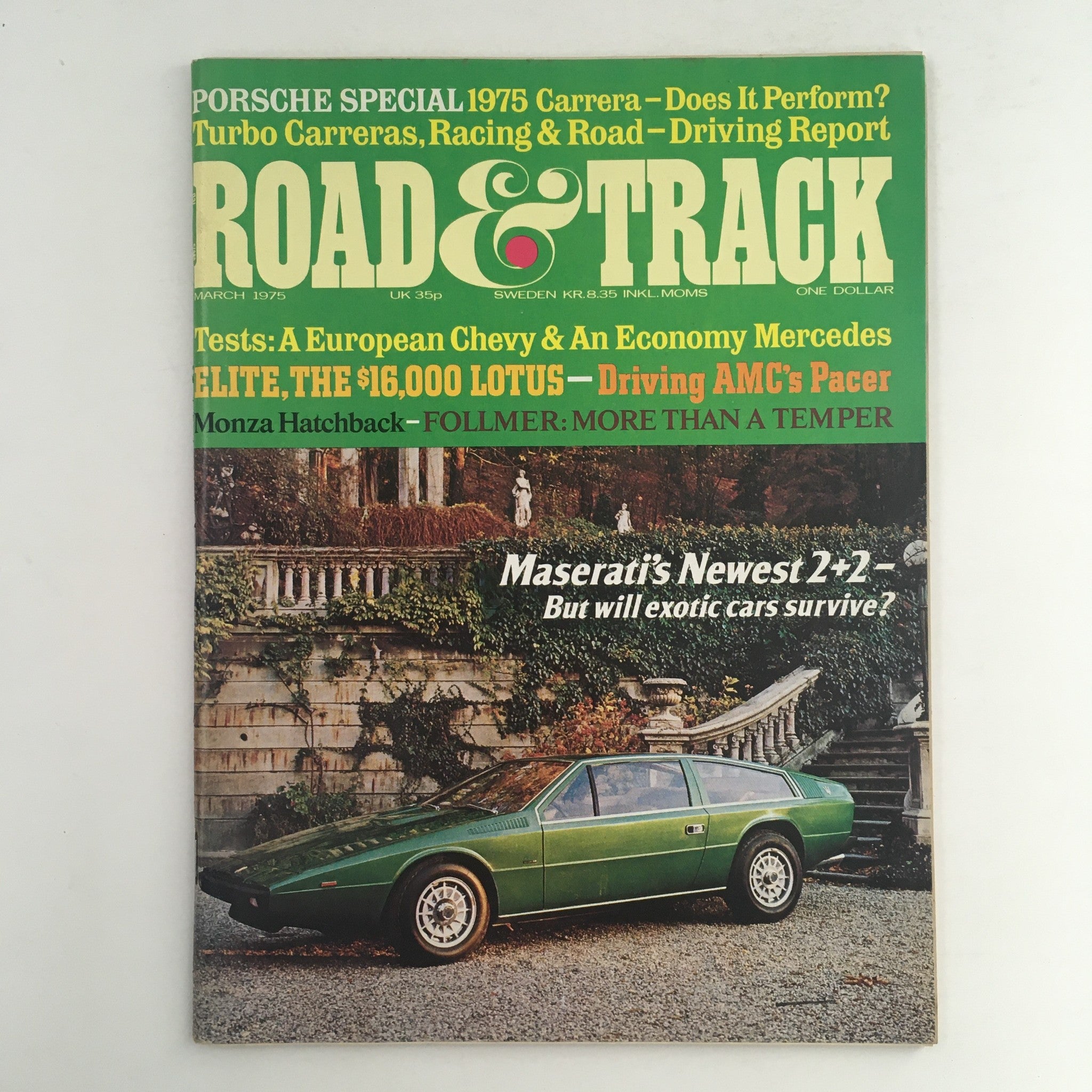 Road & Track Magazine March 1975 cover featuring a European Chevy and an Economy Mercedes. The magazine includes articles on automotive insights and historic models from the 1970s, showcasing a distinctive vintage style.