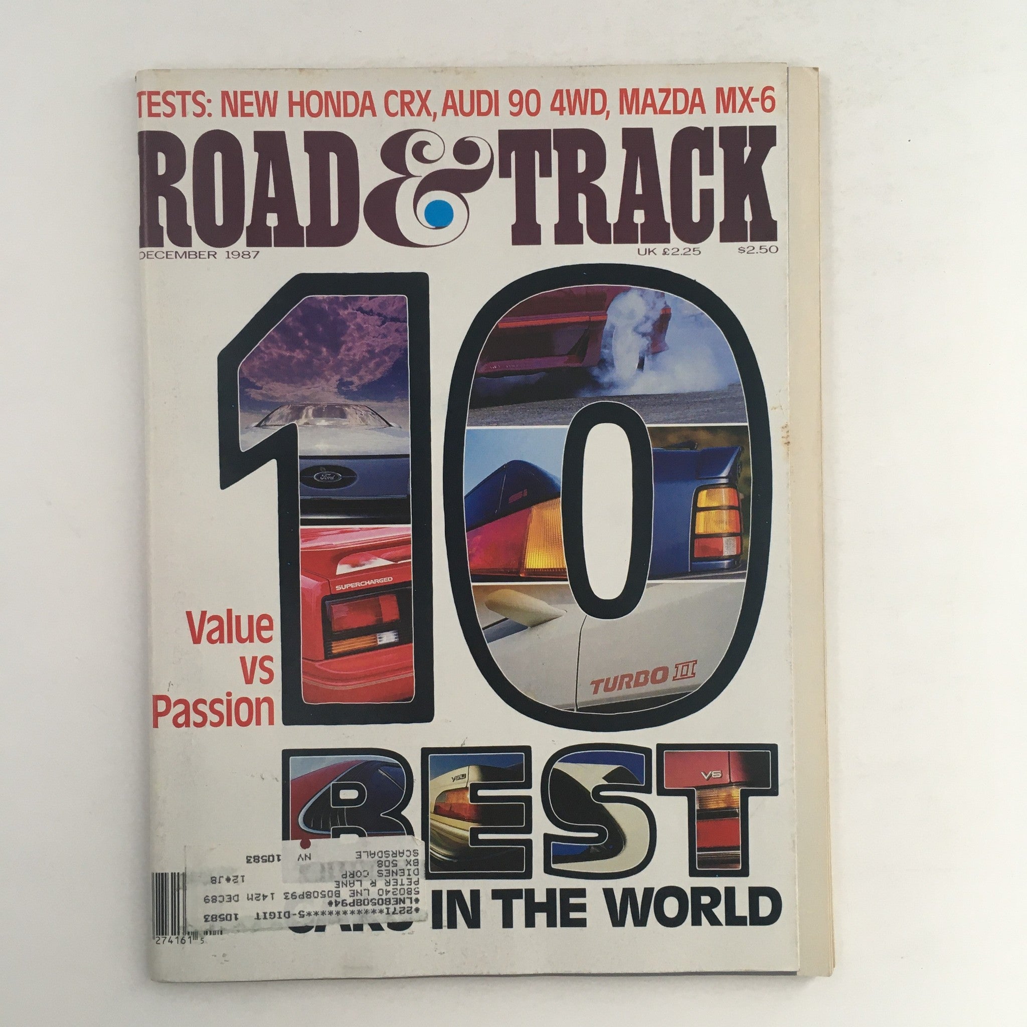Cover of Road & Track Magazine December 1987 featuring articles on Honda CRX, Audi 90 4WD, and Mazda MX-6. The cover highlights '10 Best in the World' with vibrant imagery and a nostalgic design.