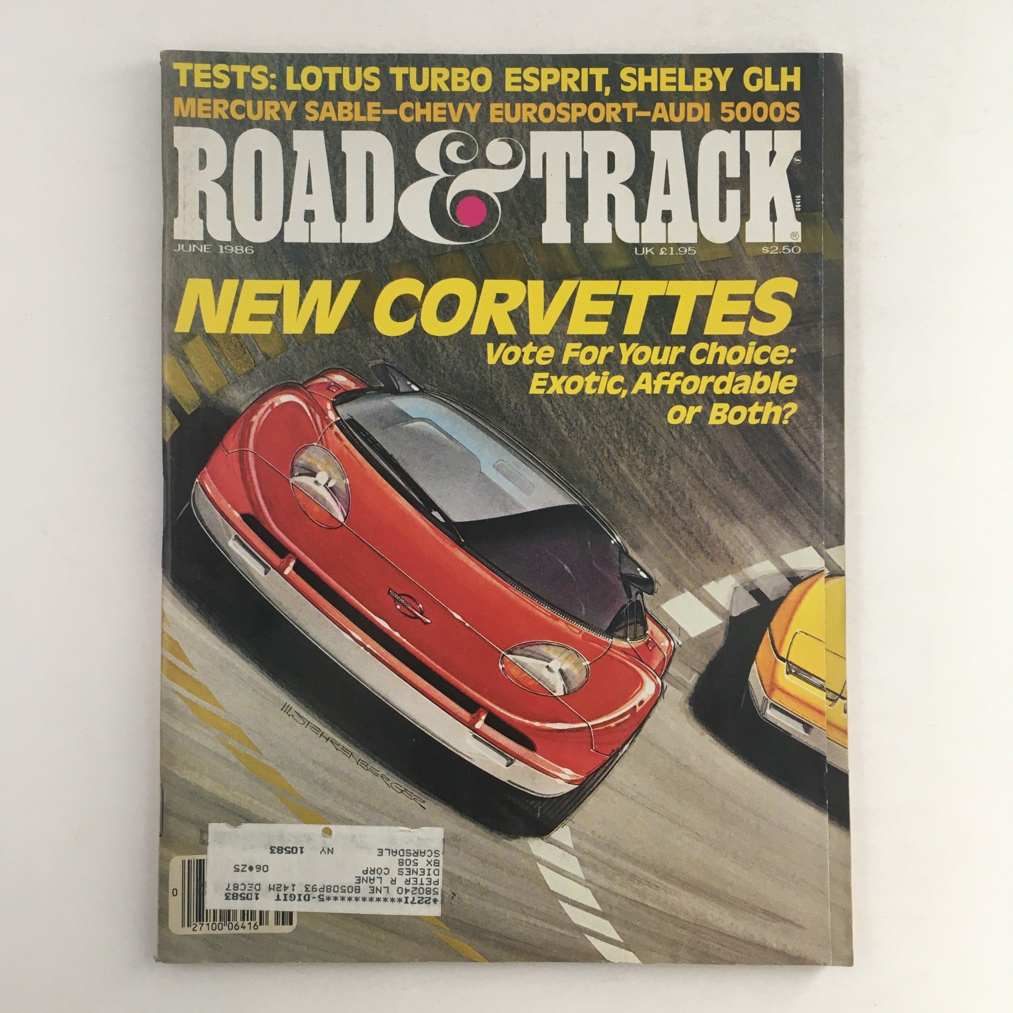 Road & Track Magazine June 1986 cover featuring road tests of the Lotus Turbo Esprit and Shelby GLH, showcasing exciting sports cars and automotive culture from the 1980s.