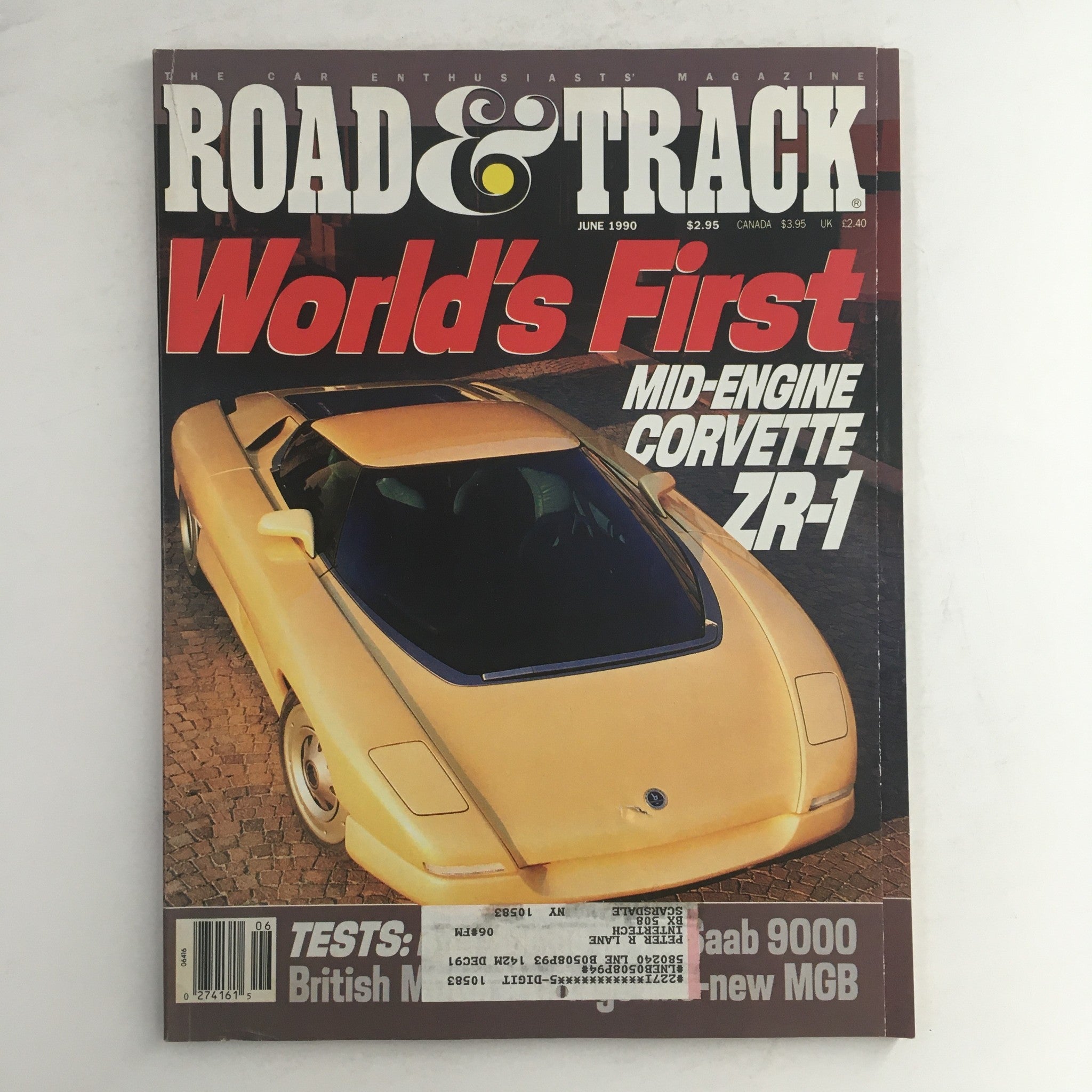 Road & Track Magazine June 1990 showcasing the World's First Mid-Engine Corvette ZR-1 on the cover, featuring vibrant imagery and automotive design details.