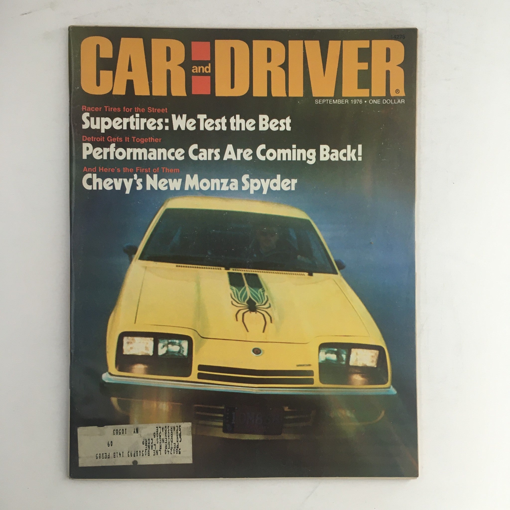 Cover of Car & Driver Magazine September 1976 featuring Chevy Monza Spyder and Racer Supertires, showcasing automotive history.