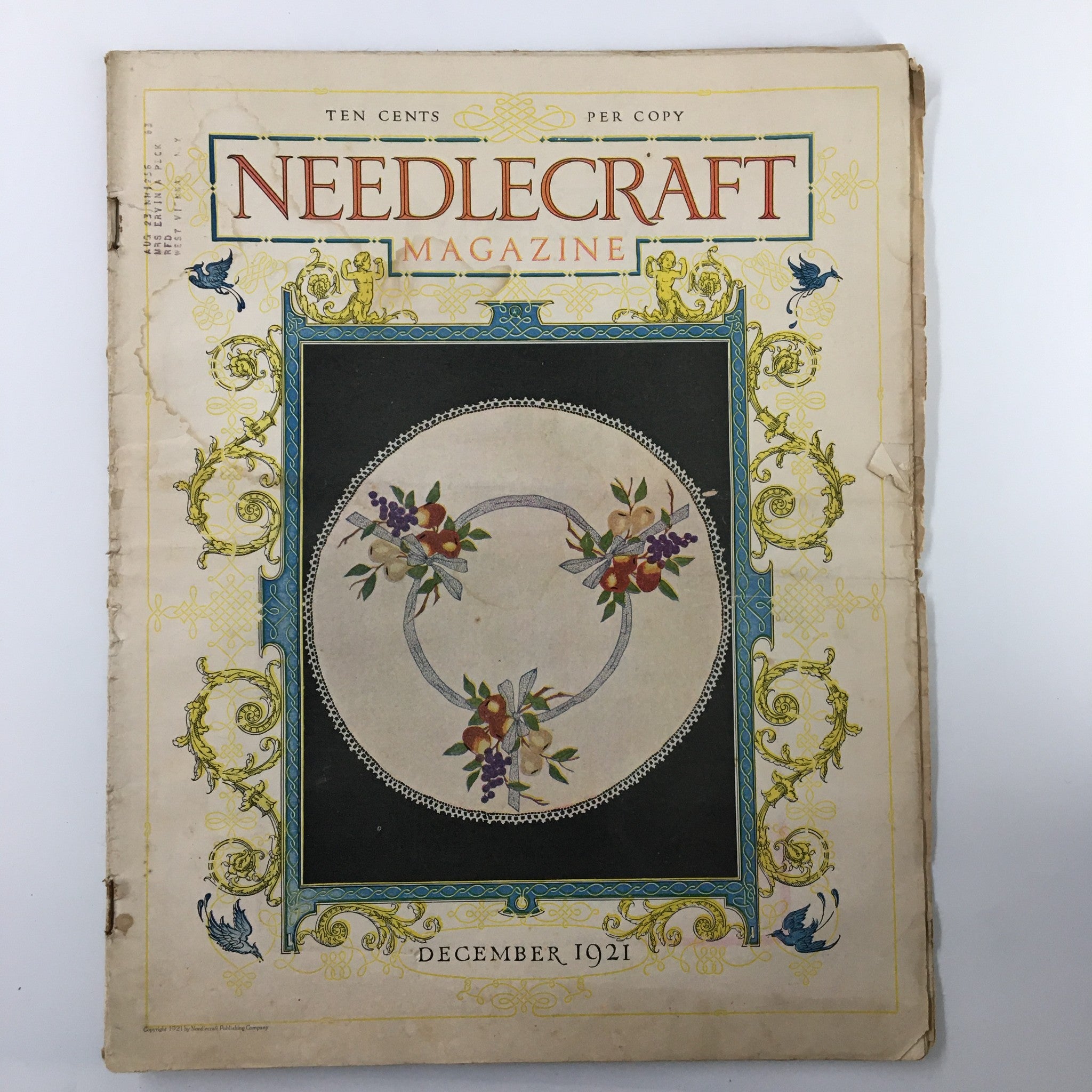 Cover of VTG Needlecraft Magazine December 1921 Vol. 13 No 4 titled 'Merry Christmas to the Birds', featuring intricate floral designs and vintage illustration.