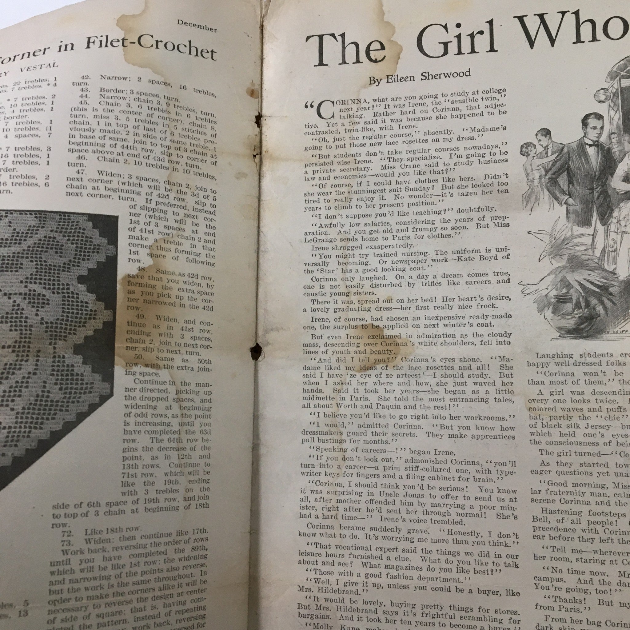 Interior page of the VTG Needlecraft Magazine December 1921, Volume 13, Number 4, featuring an article titled 'The Girl Who...,' showcasing vintage needlecraft designs.