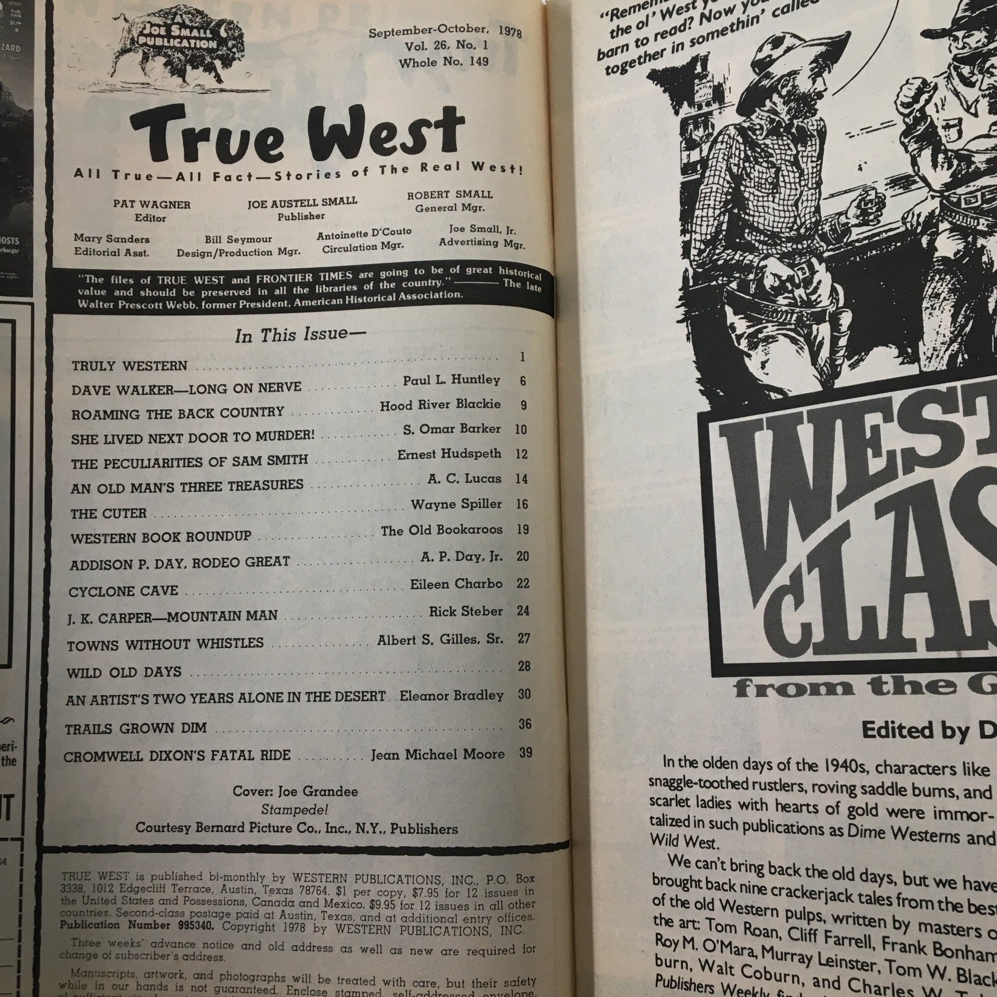 Inside page of VTG True West Magazine October 1978 Vol 26 #1 showcasing the table of contents and article titles including 'Dave Walker-Long on Nerve'.