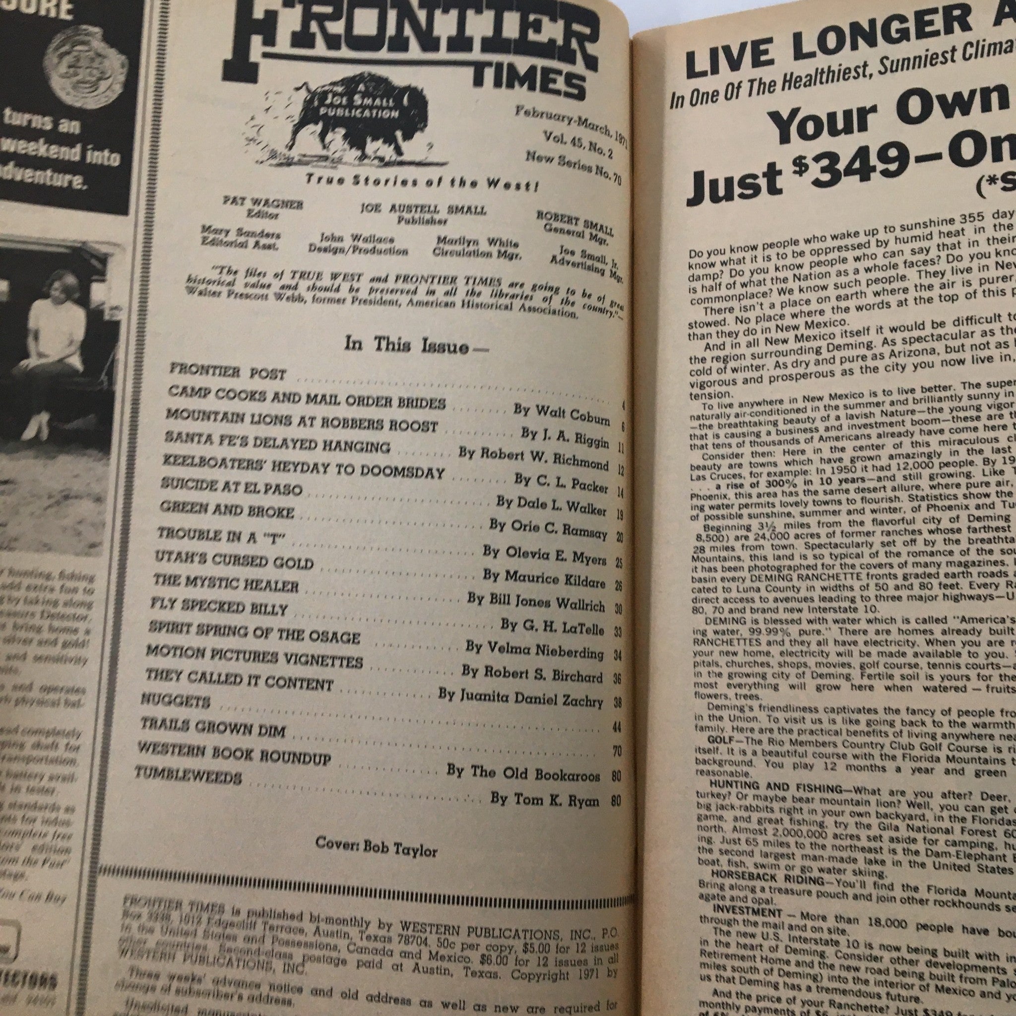 Interior page of VTG Frontier Times Magazine March 1971 showcasing articles, including 'Santa Fe's Delayed Hanging' and editorial content.