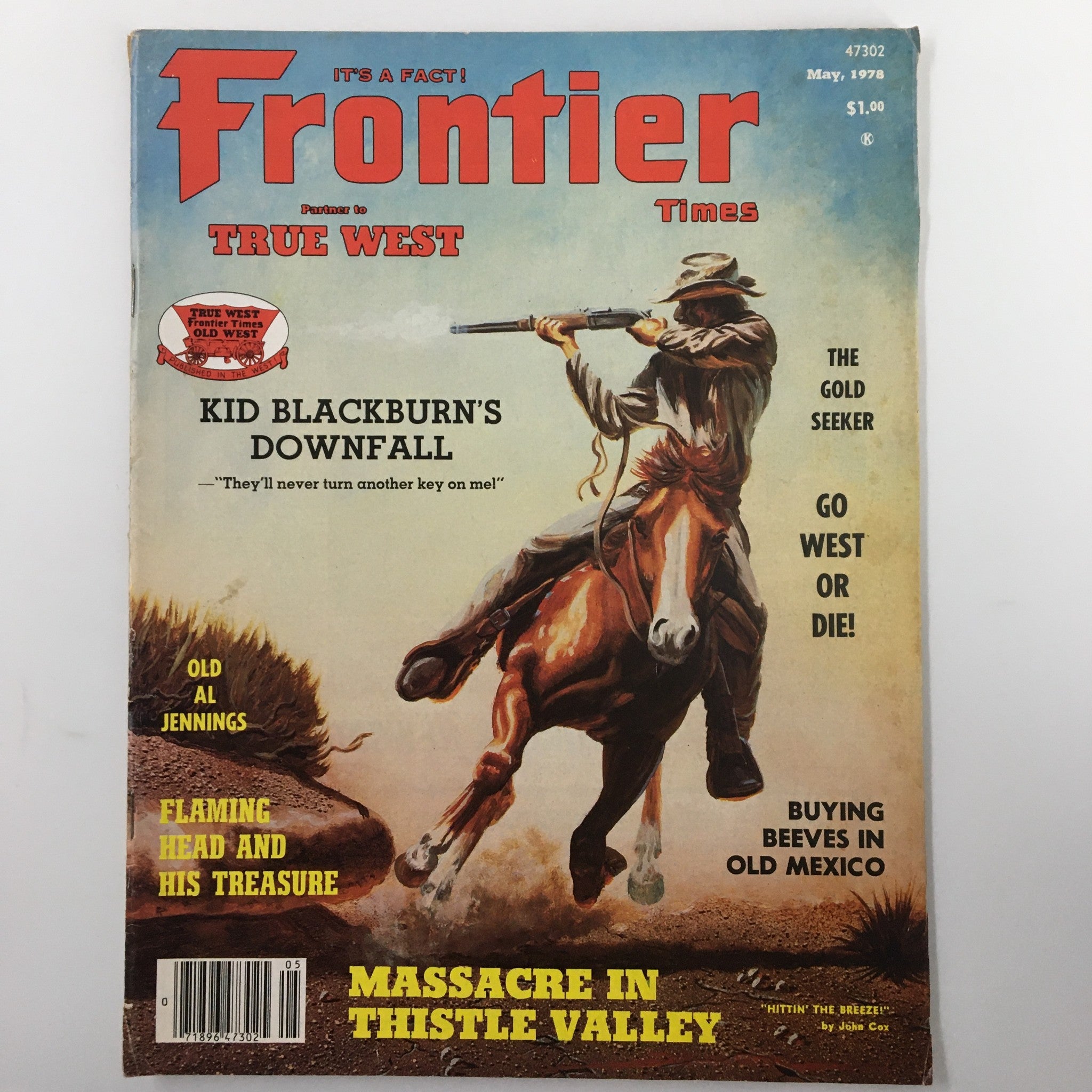 VTG Frontier Times Magazine May 1978 cover featuring the article 'Massacre in Thistle Valley', showcasing a cowboy on horseback with a rifle.