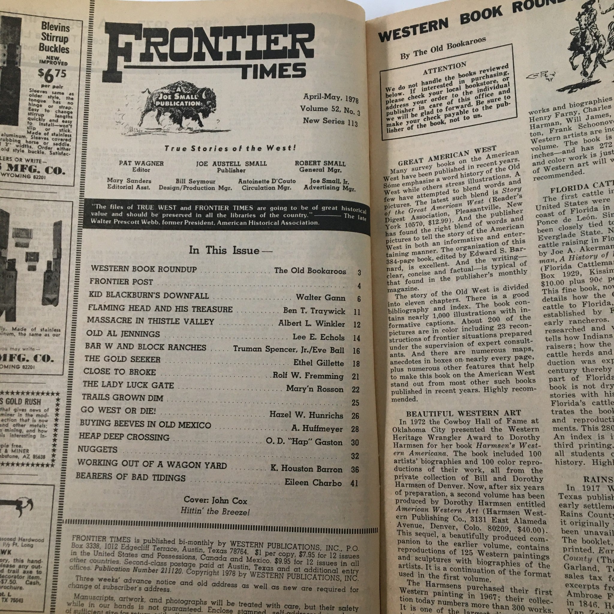 Interior page of the VTG Frontier Times Magazine May 1978, displaying the table of contents and publication details, highlighting articles including 'Massacre in Thistle Valley'.