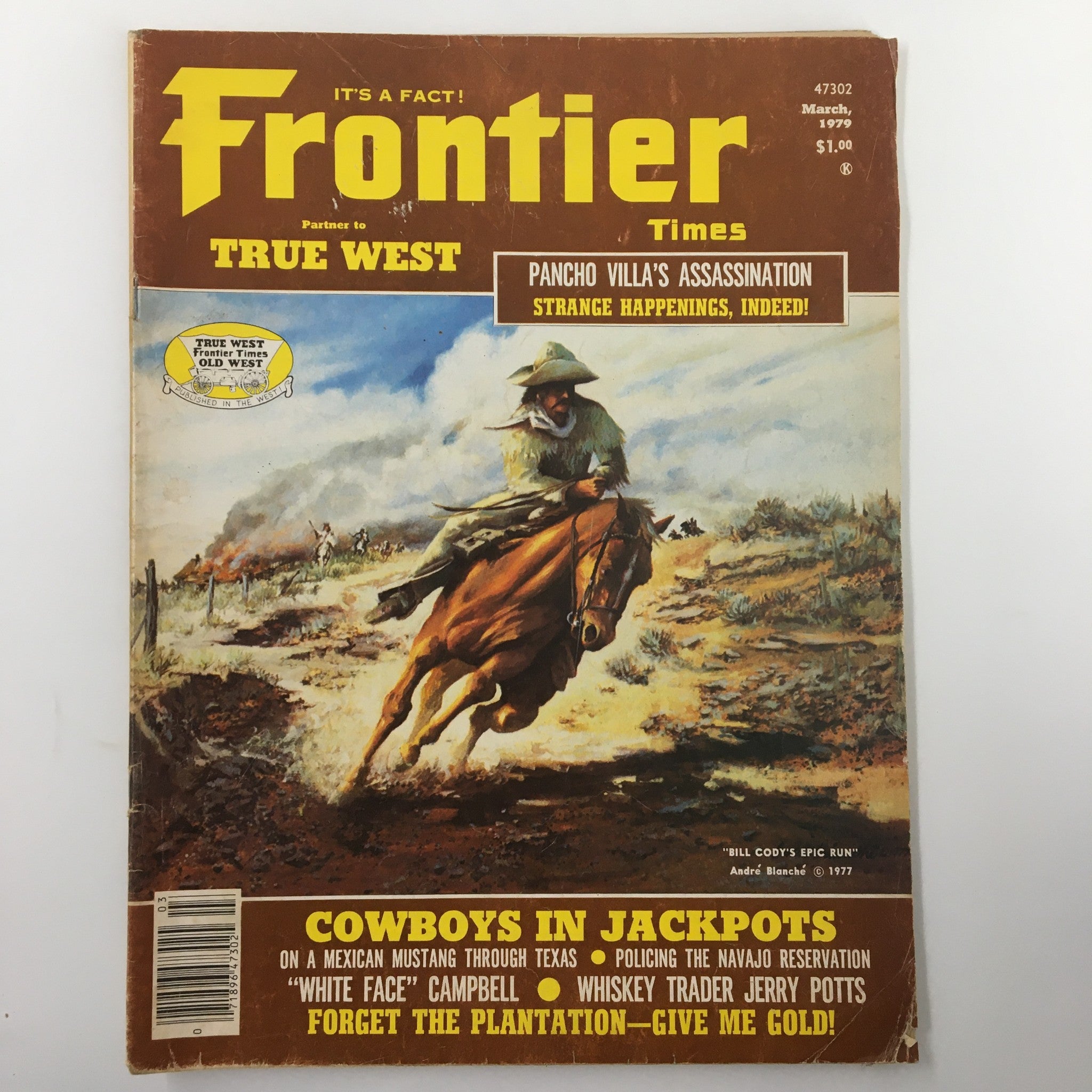 Cover of VTG Frontier Times Magazine March 1979 featuring Bill Cody's Epic Run, showcasing Western art and article highlights.
