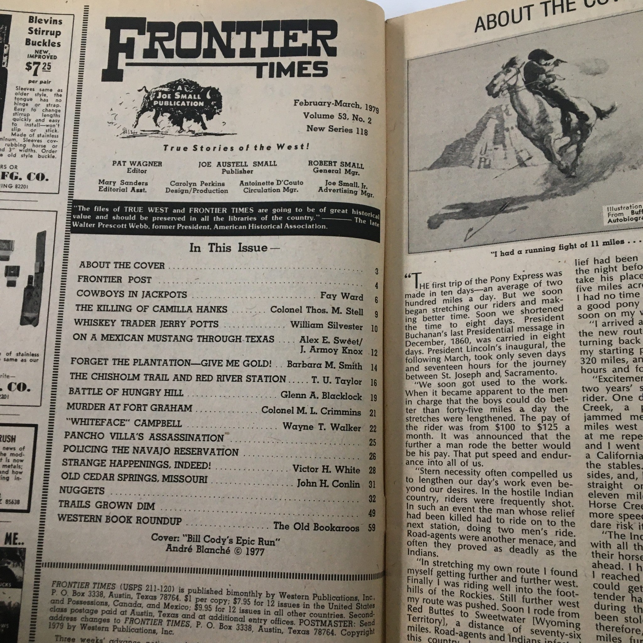 Interior page of the VTG Frontier Times Magazine from March 1979, Volume 53, Issue #2, featuring articles and content about legendary figures in the Wild West including Bill Cody's Epic Run.