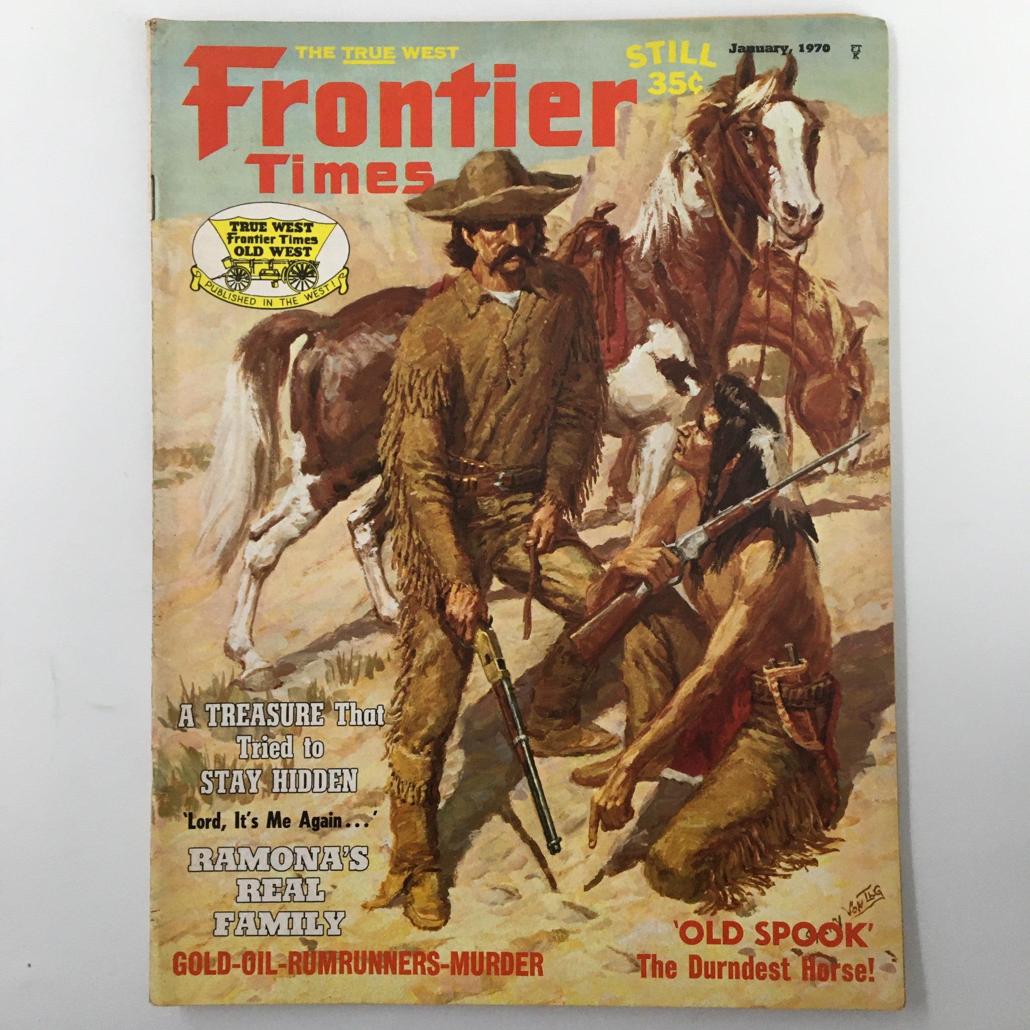 Frontier Times Magazine January 1970 cover featuring 'Old Spook The Durndest Horse', showcasing a cowboy, Native American, and horses in a vintage Western theme.