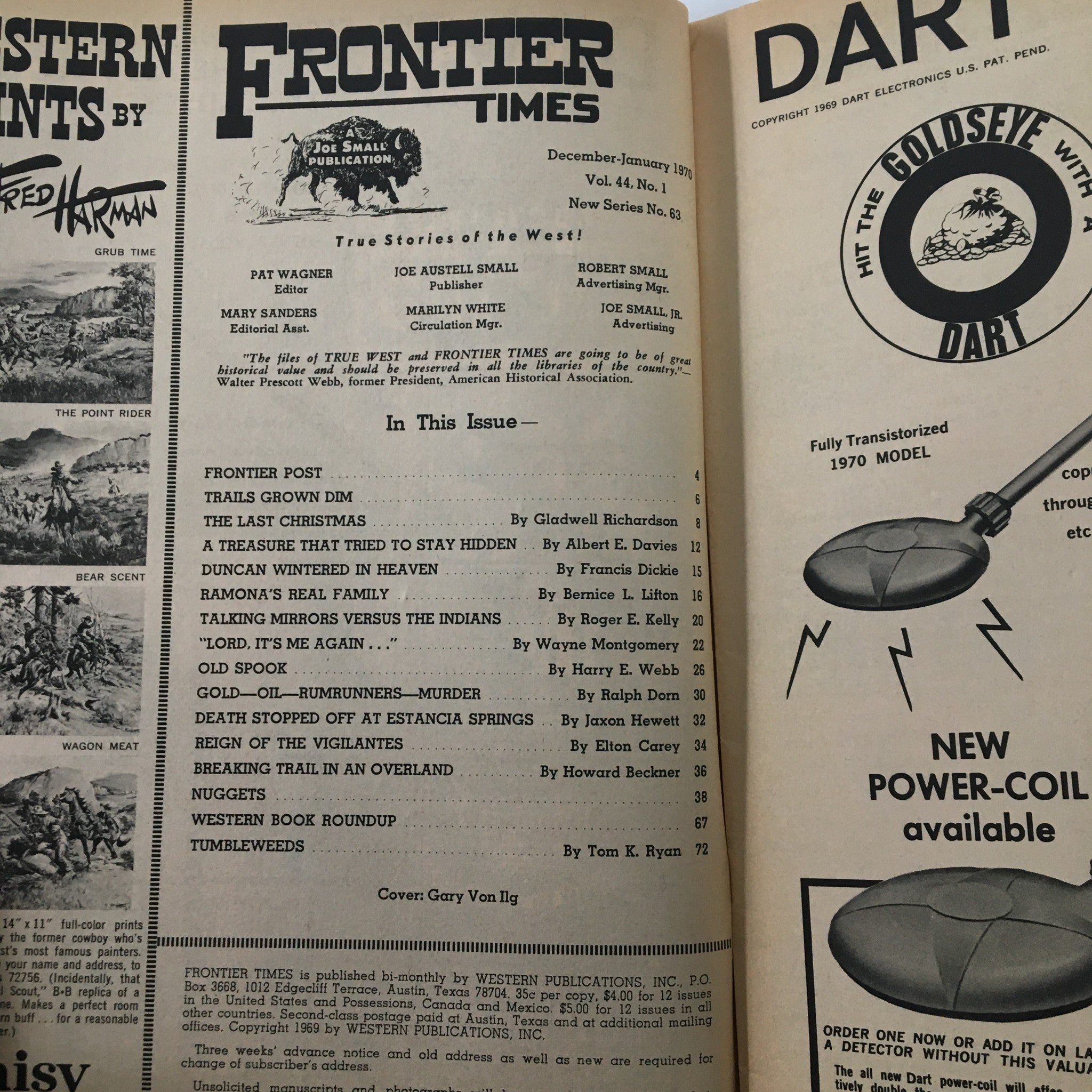 Inside page of Frontier Times Magazine January 1970 displaying the table of contents with article titles including 'Old Spook' and 'A Treasure That Tried to Stay Hidden' in a classic magazine format.
