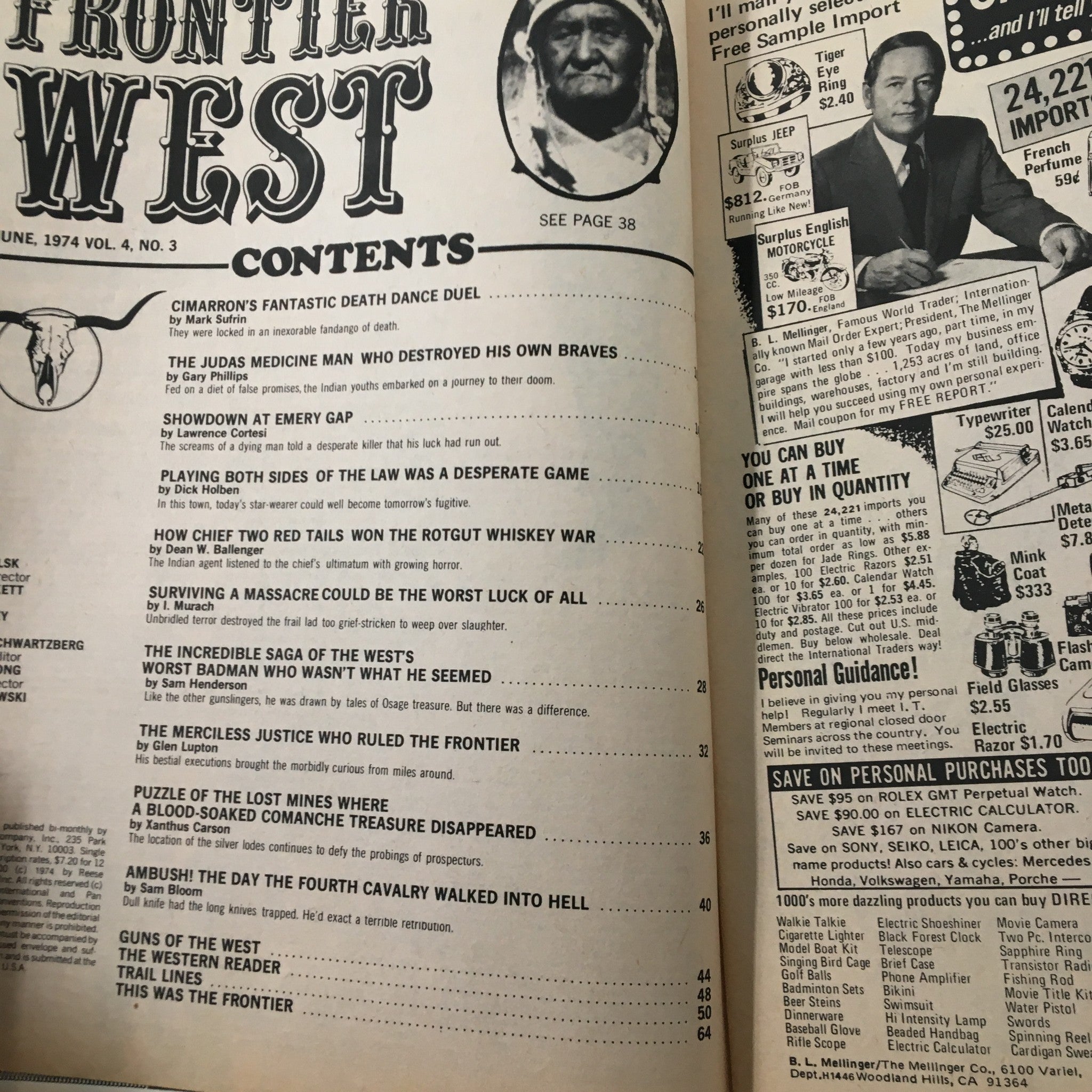 Interior pages of Frontier West Magazine June 1974 Vol 4 #3, displaying the contents section. The layout includes article titles related to Western folklore, highlighting the magazine's exploration of historical themes and narratives.