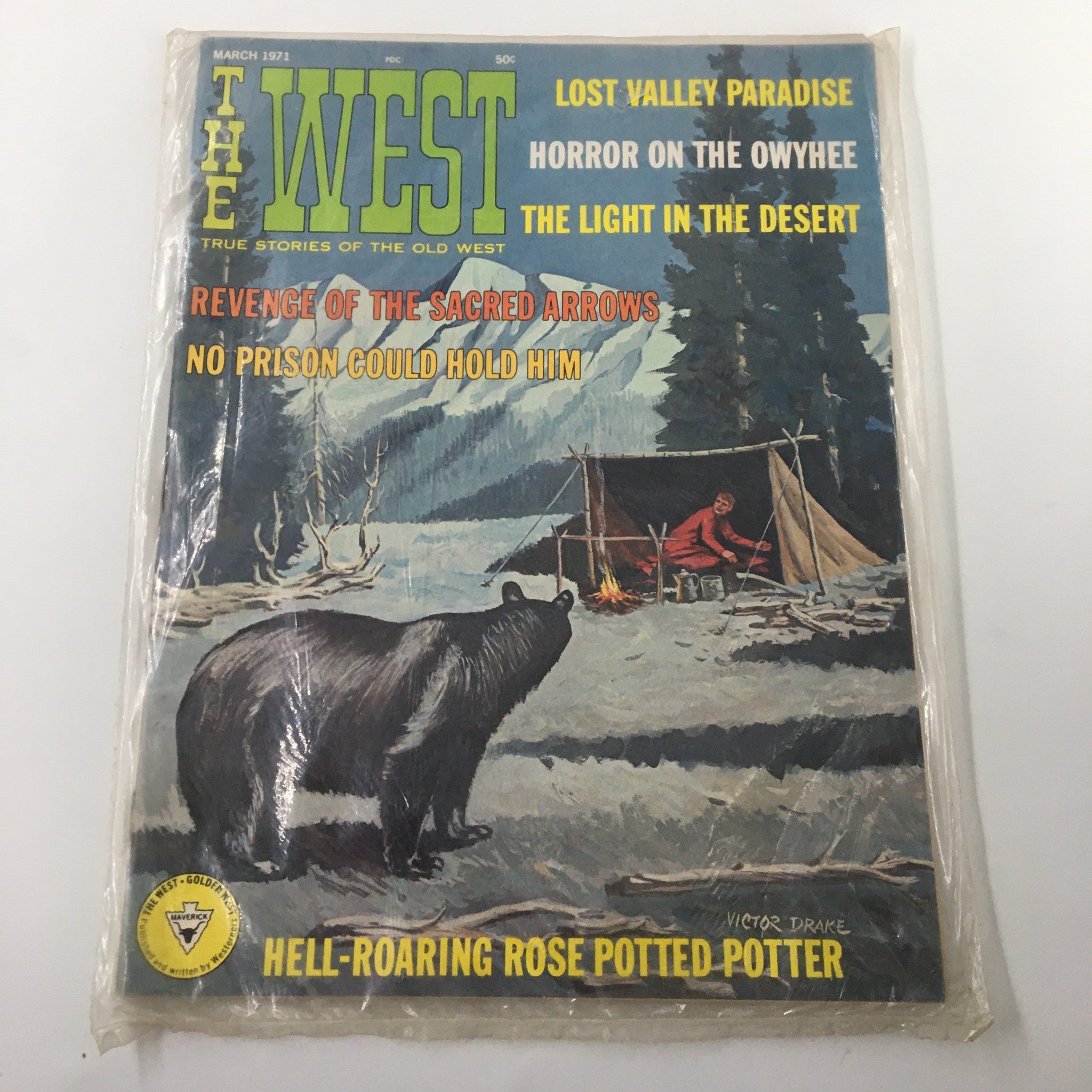 Cover of VTG The West Magazine March 1971 featuring the headline 'Revenge of the Sacred Arrows' and an illustration of a bear in a forest setting.