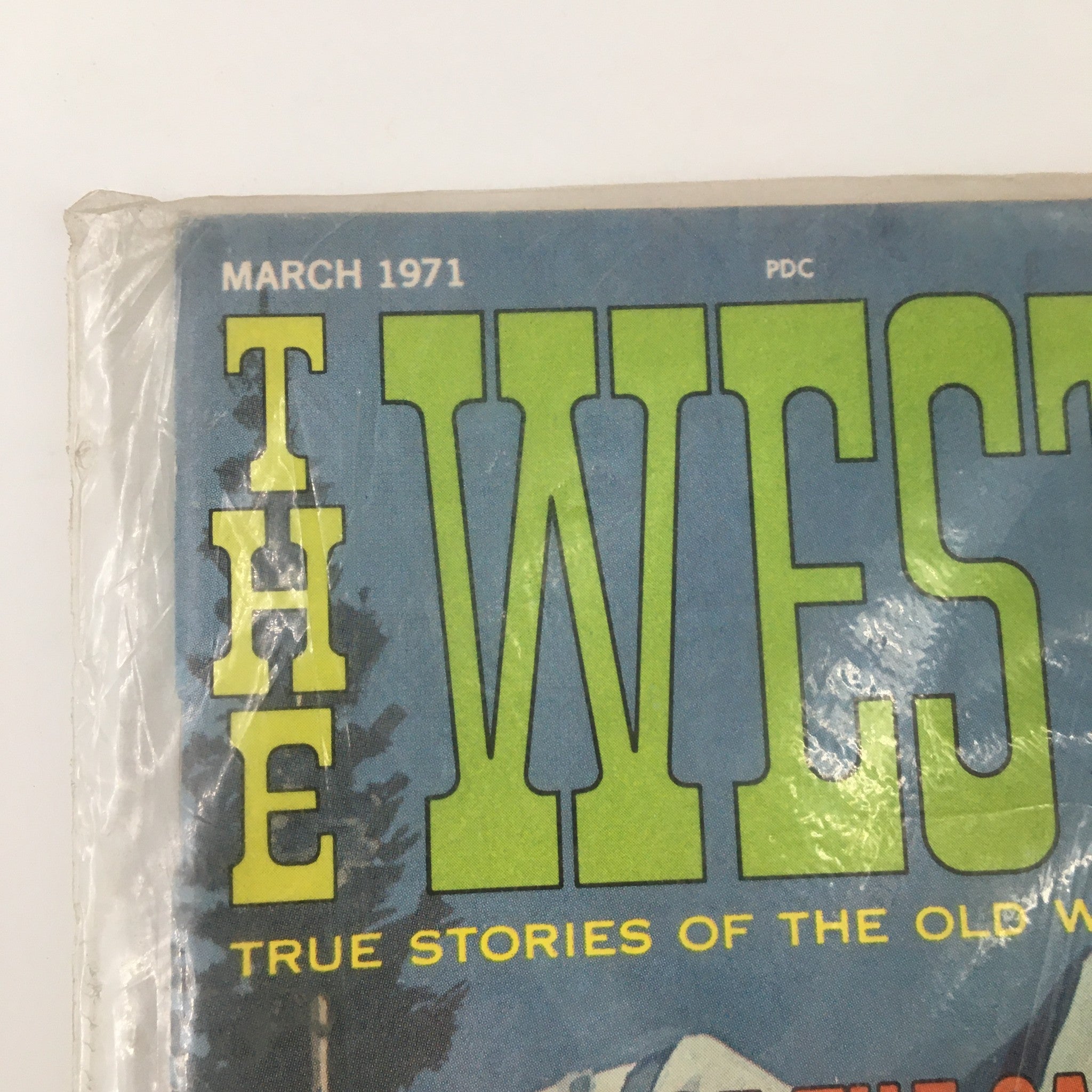 Close-up of the title on VTG The West Magazine March 1971, showcasing the logo and the publication's tagline 'True Stories of the Old West'.