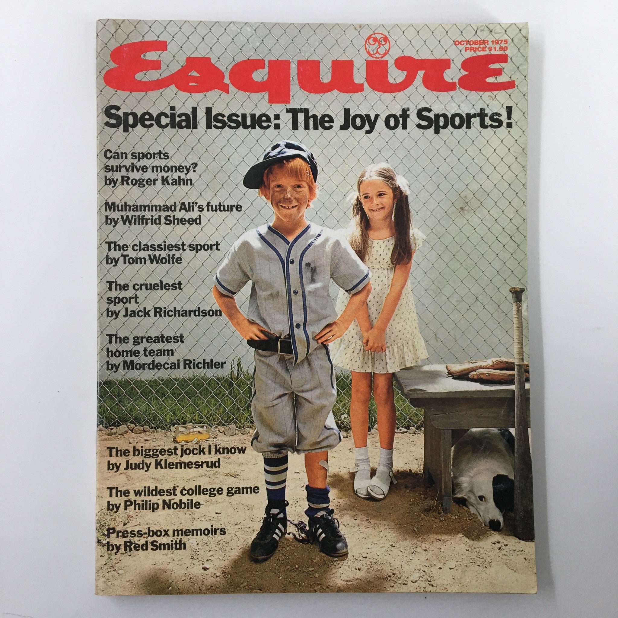 Esquire Magazine cover from October 1975 titled 'Special Issue: The Joy of Sports!' featuring children in vintage attire, highlighting Muhammad Ali's future alongside articles on sports and culture.
