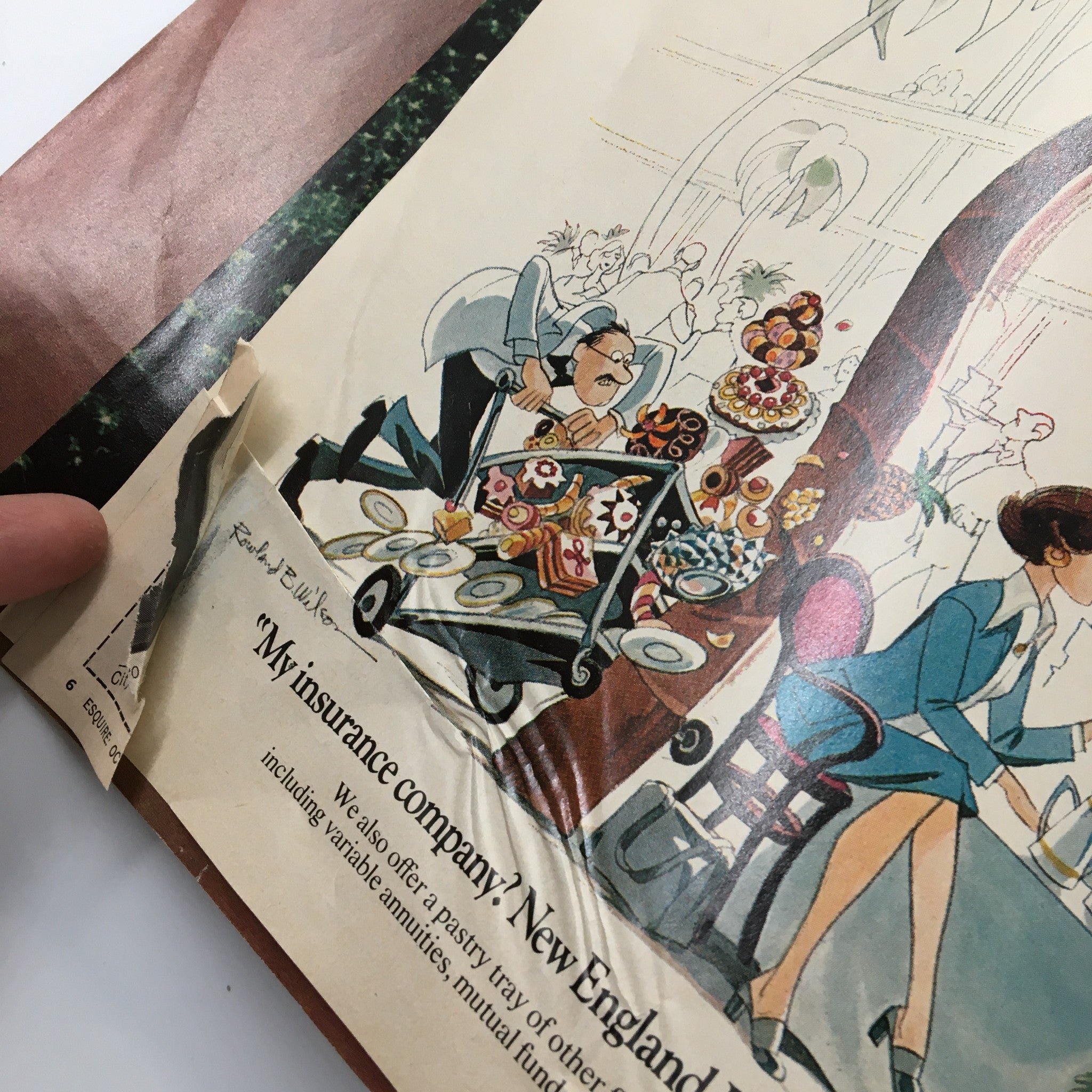 An interior page of the October 1975 Esquire Magazine, showing an illustration of a waiter and desserts, capturing the vintage 1970s aesthetic with visible wear.