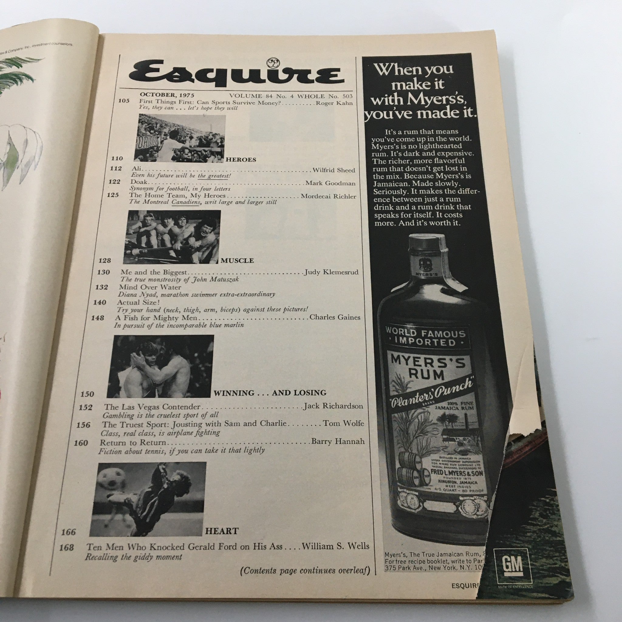 Contents page of the October 1975 Esquire Magazine listing articles including the feature on Muhammad Ali's future, complete with vintage advertisements reflecting the era.