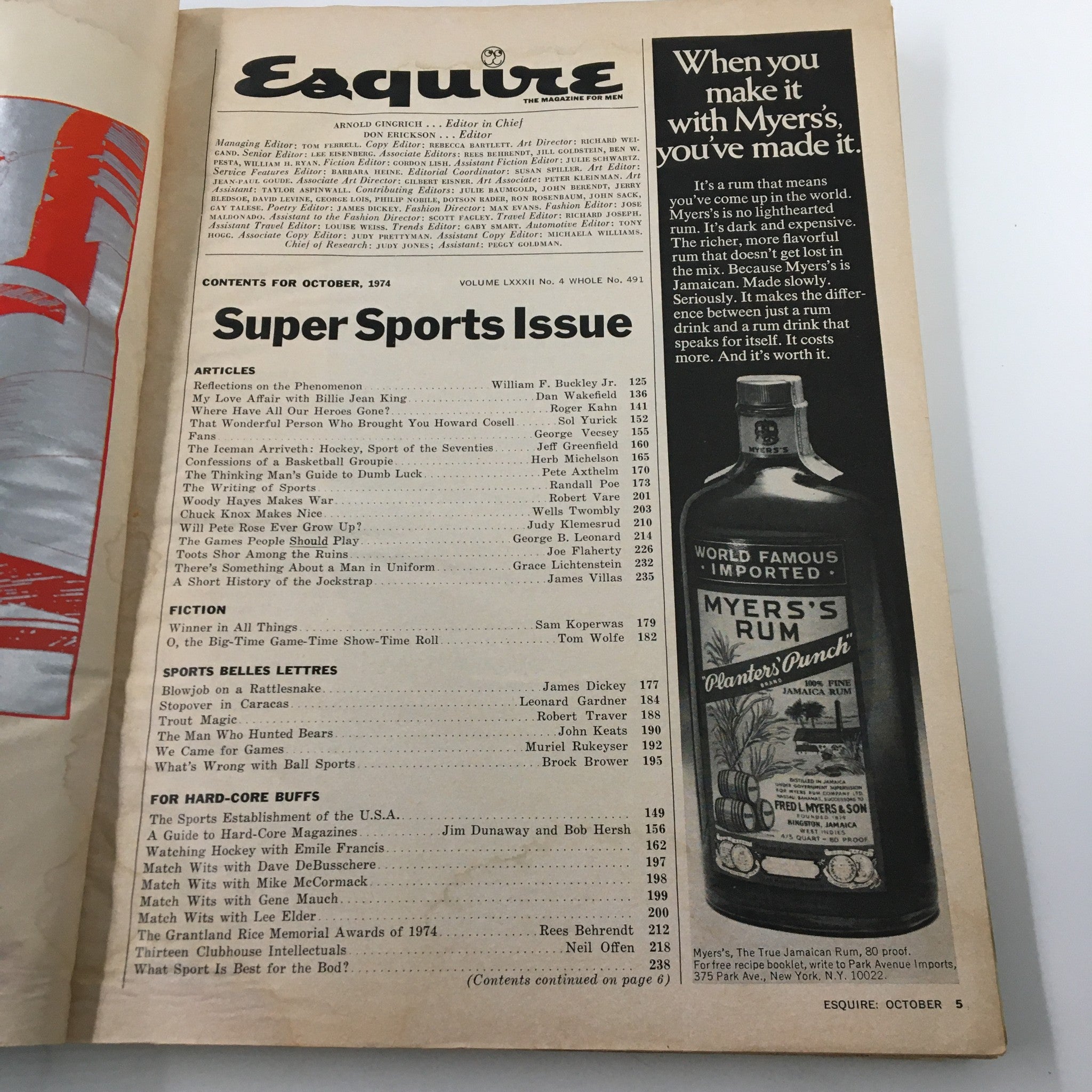 Inside page of Esquire Magazine October 1974 showing table of contents and advertisement related to sports.