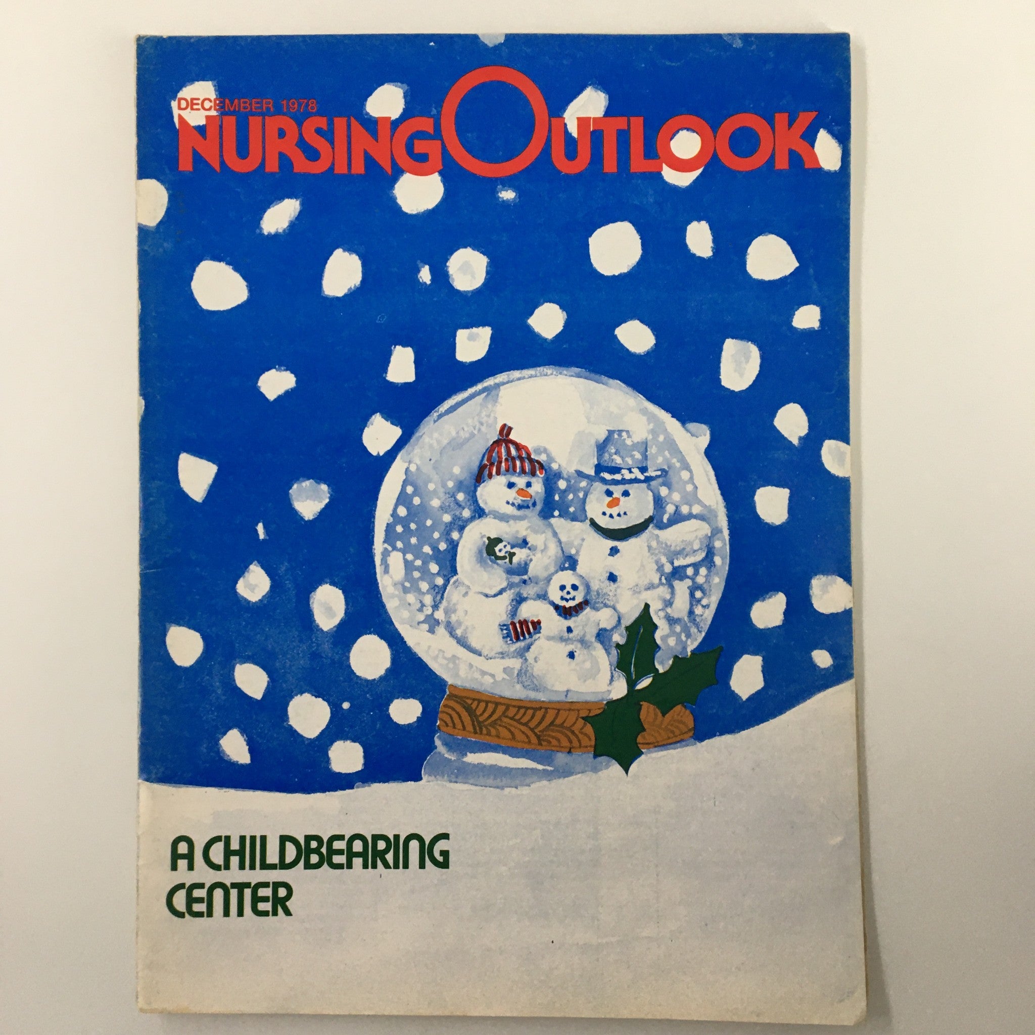 Cover of Nursing Outlook Magazine December 1978 featuring a festive snow globe illustration with snowmen, highlighting the theme 'A Childbearing Center'.