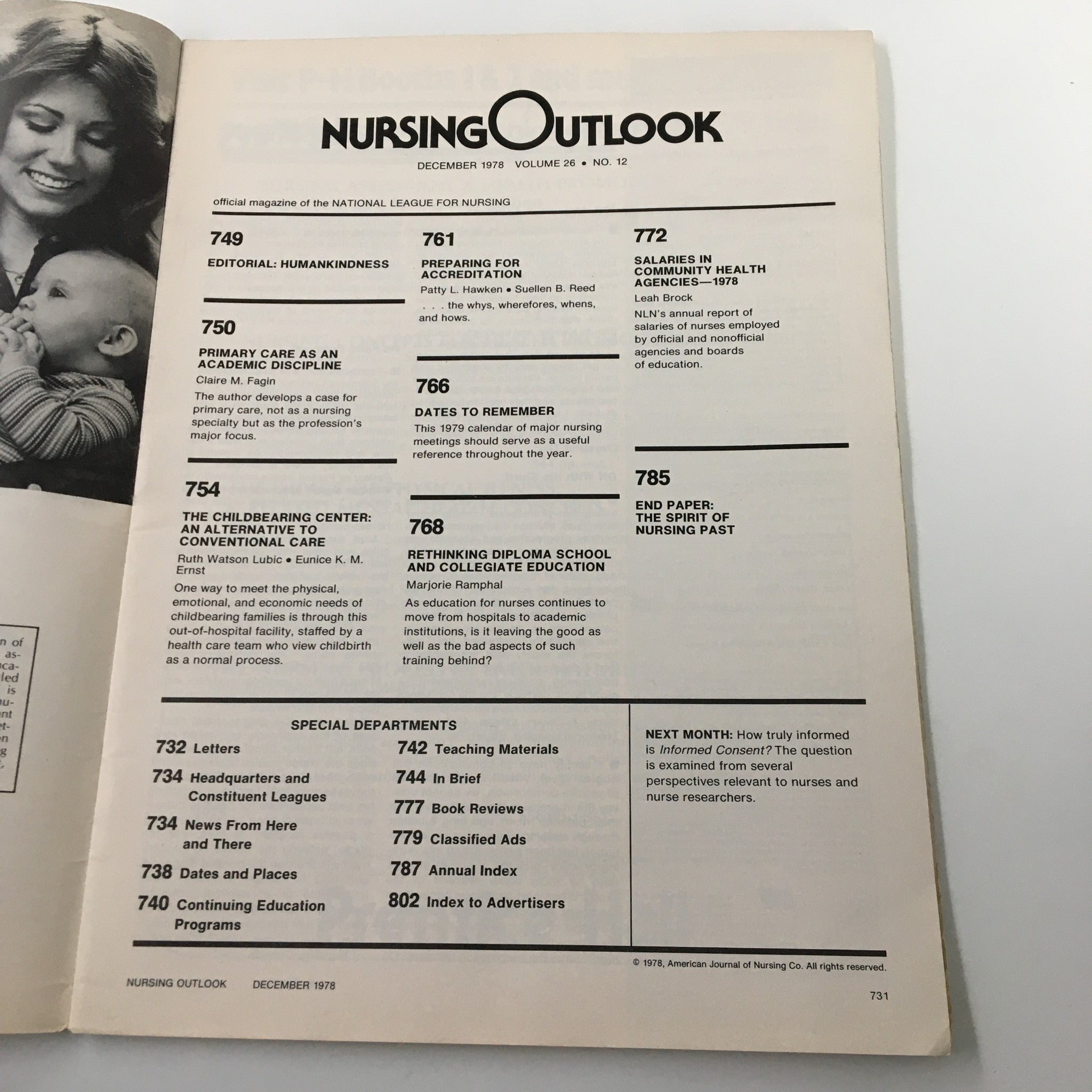 Interior page of Nursing Outlook Magazine December 1978 featuring articles, editorial content, and topics related to the spirit of nursing past.