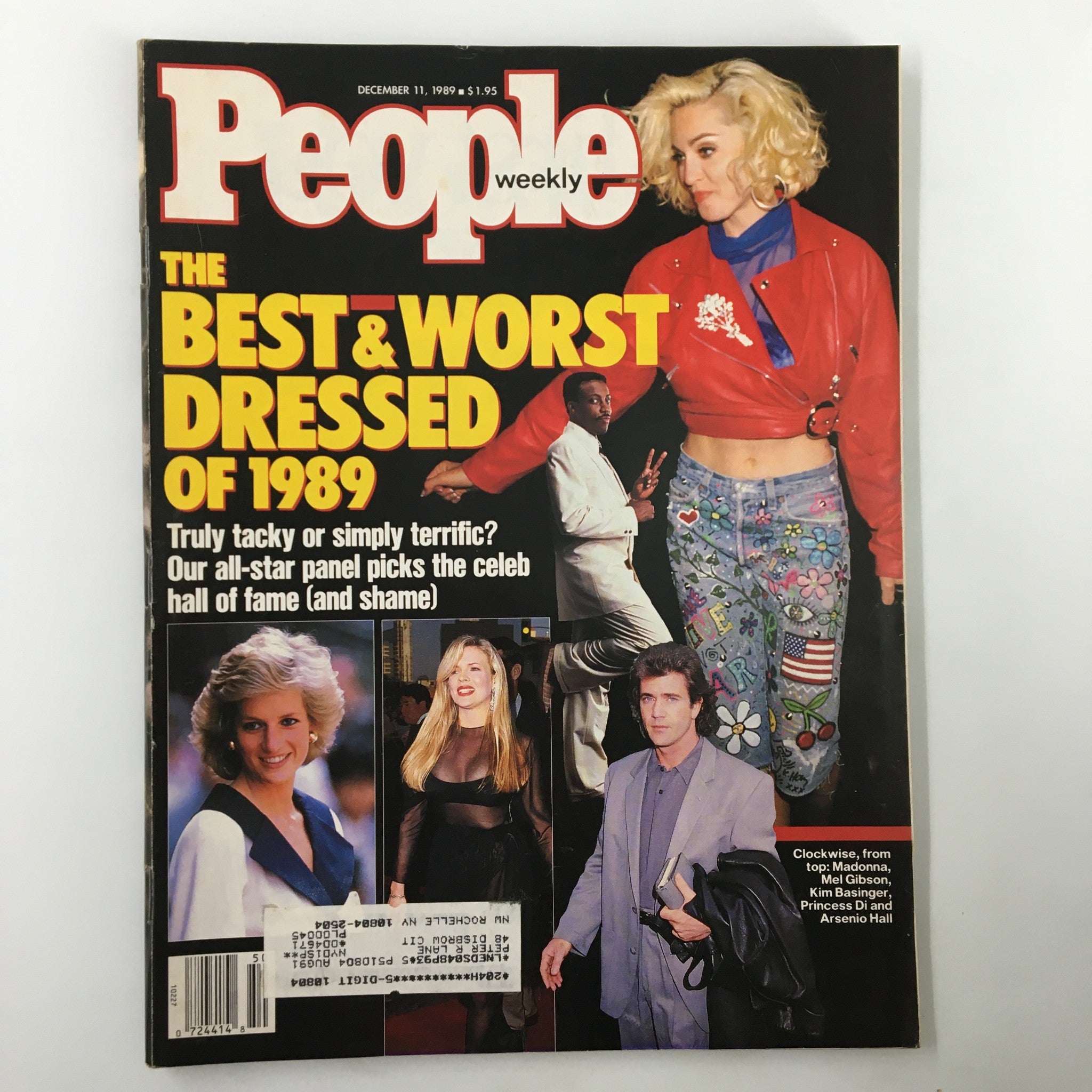 Cover of People Weekly magazine from December 11, 1989 featuring Madonna, Mel Gibson, Princess Diana, and Kim Basinger, labeled "The Best & Worst Dressed of 1989".