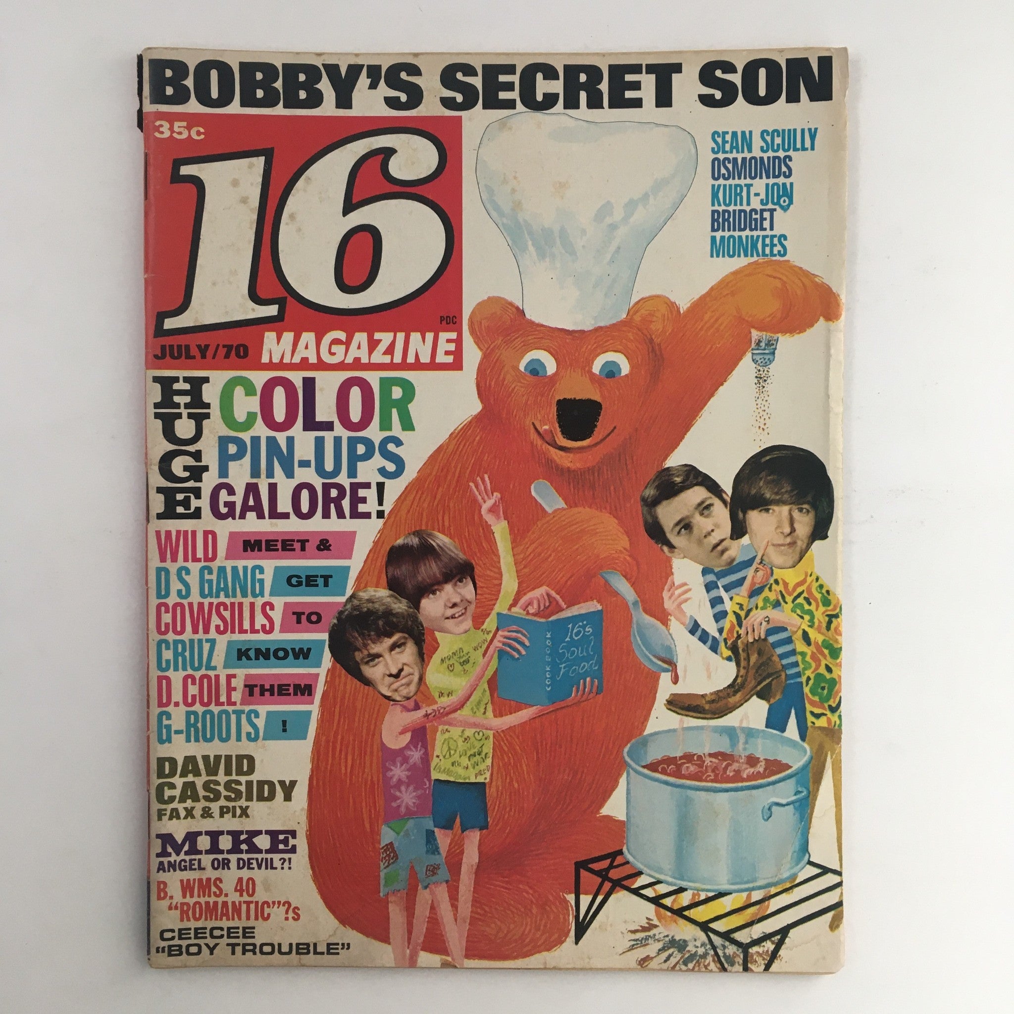 16 Magazine July 1970 featuring David Cassidy and Sean Scully on the cover, with colorful graphics and pin-ups inside. Vintage magazine showcasing popular teen idols of the early 70s.